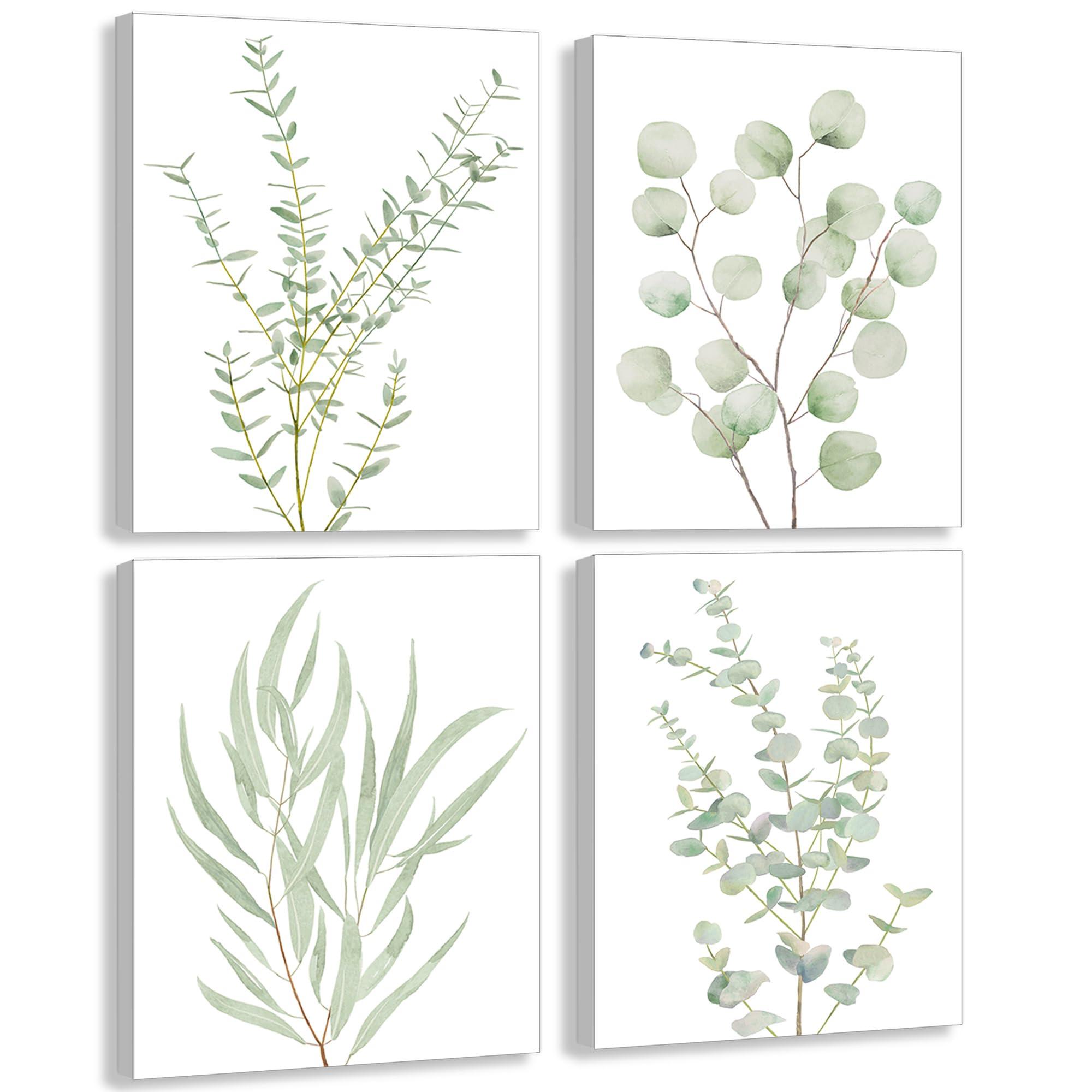 Erctoo Botanical Plant Canvas Wall Art, Framed Boho Wall Decor for Bathroom, Minimalist Aesthetic Bedroom Wall Art, Sage Green Eucalyptus Leaf Prints for Office, Set of 4PCS, 8”X10”