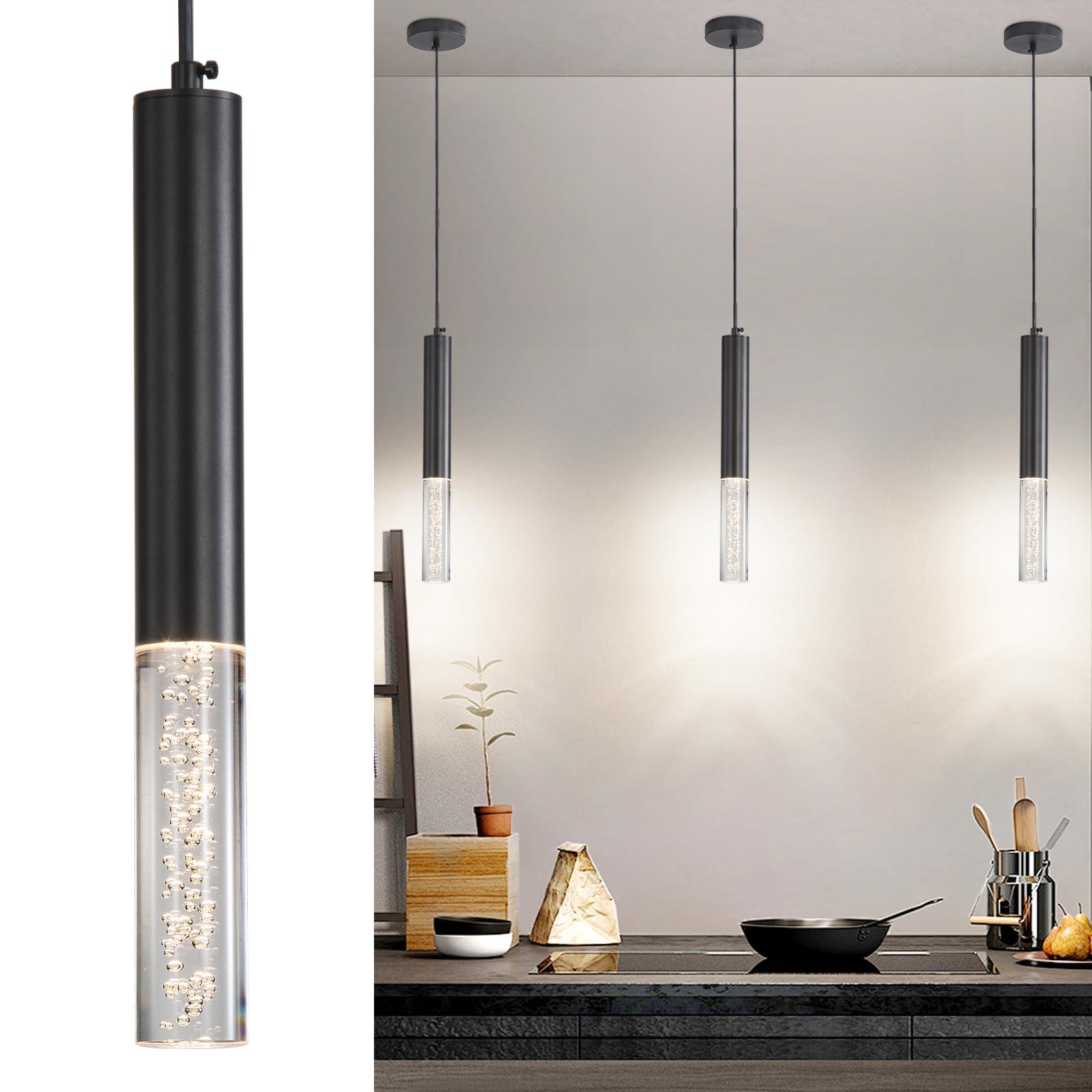 Daoseolo 3 Pack Pendant Lights Kitchen Island, LED Bubble Acrylic Island Lighting Fixtures, 3 Color 3000K/4500K/6500K, Modern Cylinder Ceiling Hanging Light for Bedroom, Bar, Dining Room, Bathroom