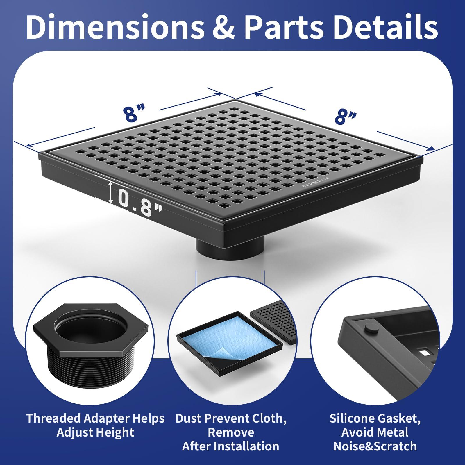 Bernkot Square Shower Drain 8", 304 Stainless Steel Floor Drain with Grid Drain Cover & Hair Strainer, Shower Drain w/CUPC Certified, Matte Black - Image 3