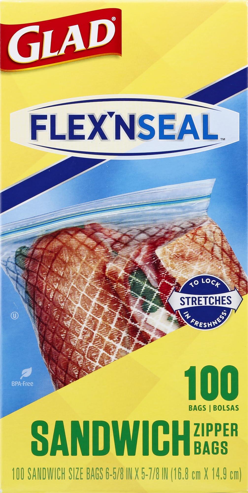 GLAD FLEXN' SEAL Zipper Food Storage Sandwich Bags, On-the-Go Snack and Lunch Bags, Zipper Sandwich Sealer, Microwave Safe, BPA Free, 100 Count (Pack of 1)