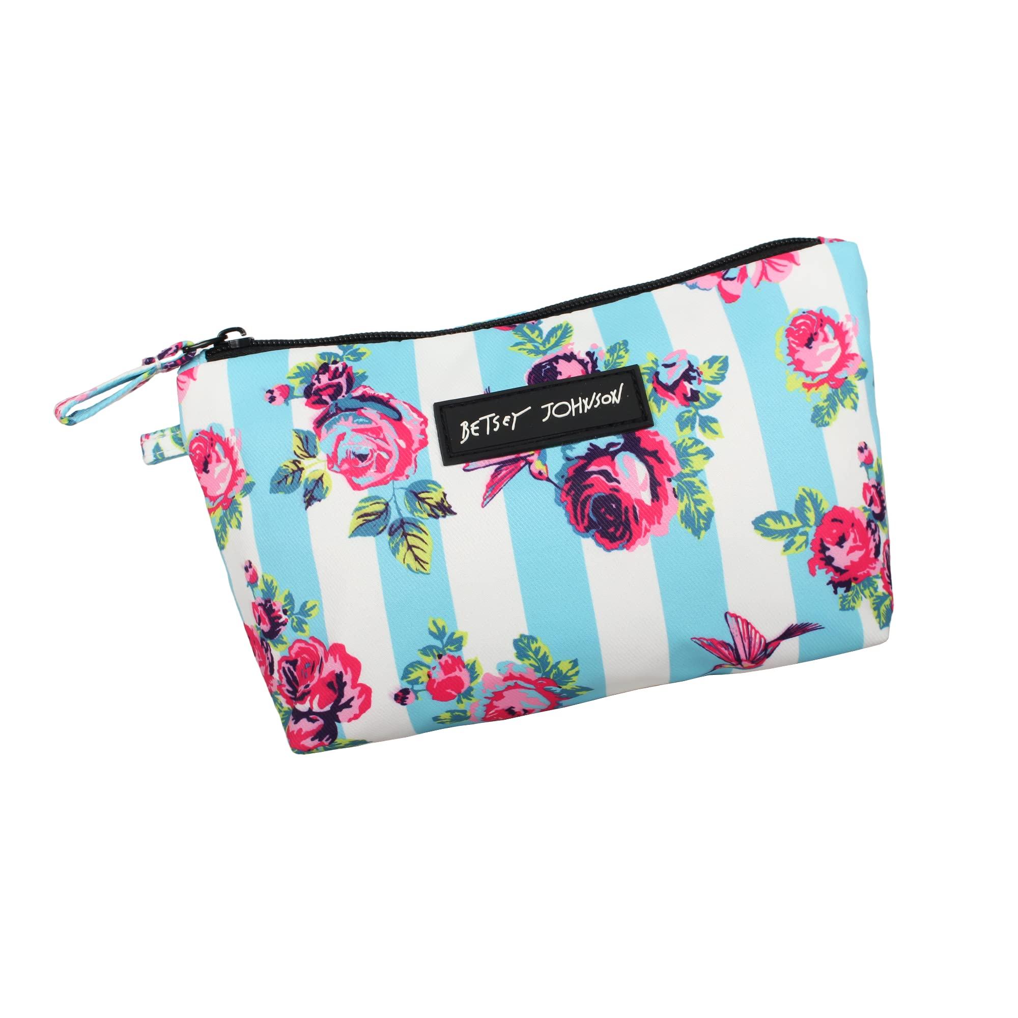 Betsey Johnson 8.5 Inch Zipper Cosmetic Pouch Small Toiletry Bag Lightweight Durable Polyester Organizer with Inner Zipped Pocket Good For Makeup Accessories and Travel Needs (Hummingbird Floral)