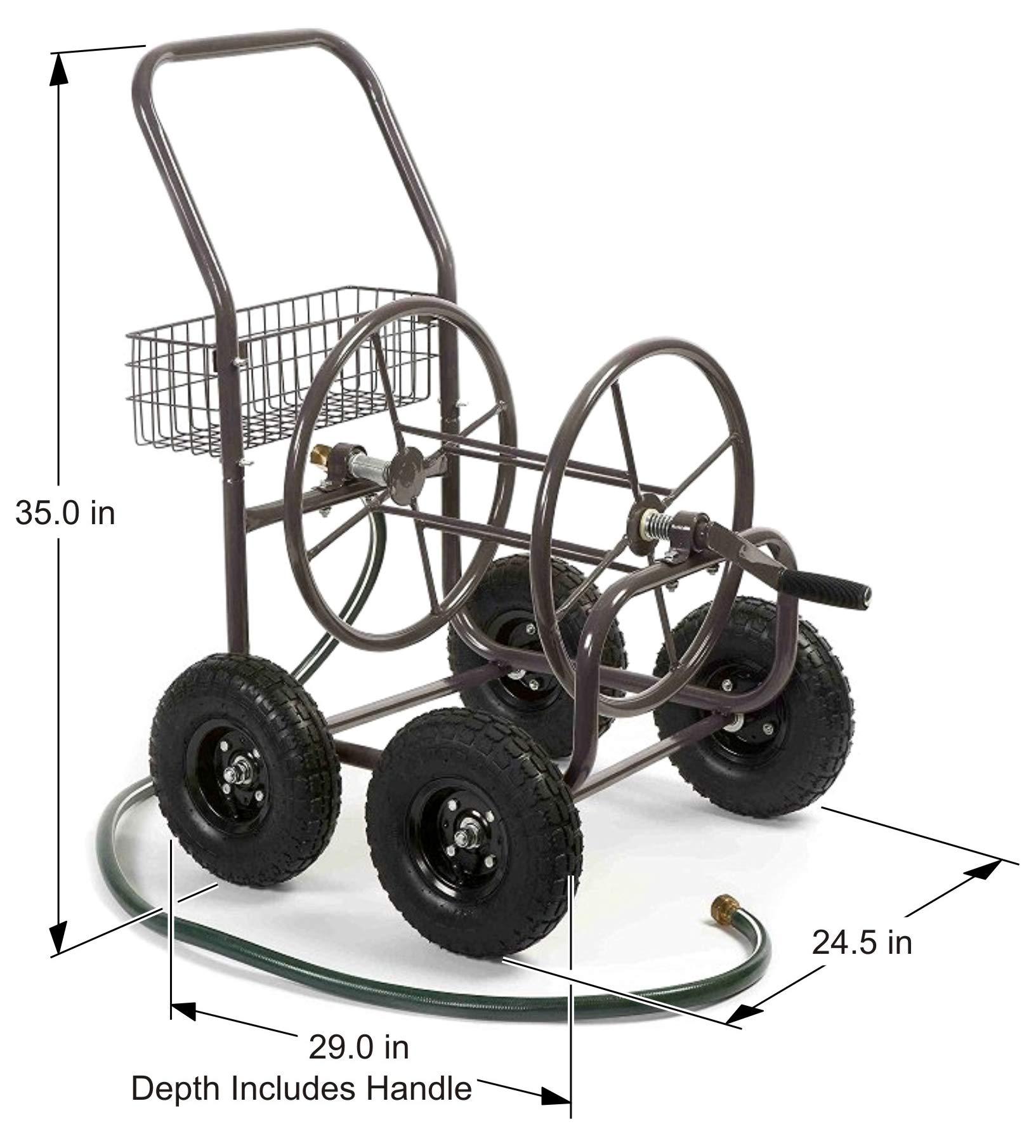 Liberty Garden Residential Grade Four Wheel 250 Foot Capacity Steel Frame Water Hose Reel Cart with Basket for Backyard, Garden, or Home, Brown, Bronze - Image 3