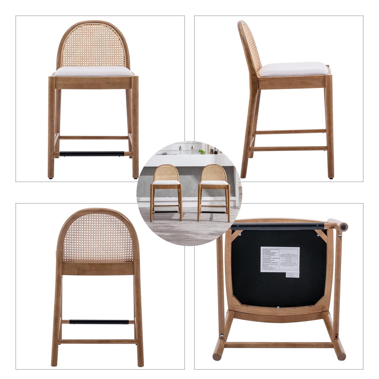 DUOMAY Modern Counter Stools Set of 4, 26 Inch Seat Height Counter Height Barstools Wooden Linen Upholstered Bar Stools with Oval Rattan Backrest Armless Kitchen Island Stool Chair, Beige - Image 4