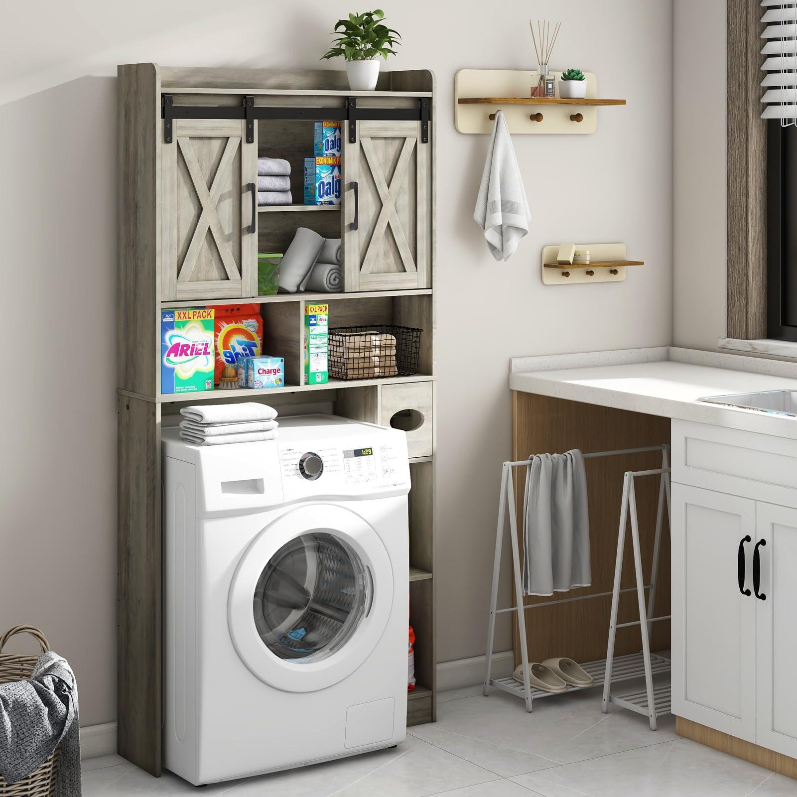 Over The Toilet Storage Cabinet, Farmhouse Storage Cabinet Over Toilet with Sliding Door& Toilet Paper Holder Stand，Home Space-Saving Toilet Rack, for Bathroom, Restroom, Laundry - Image 5