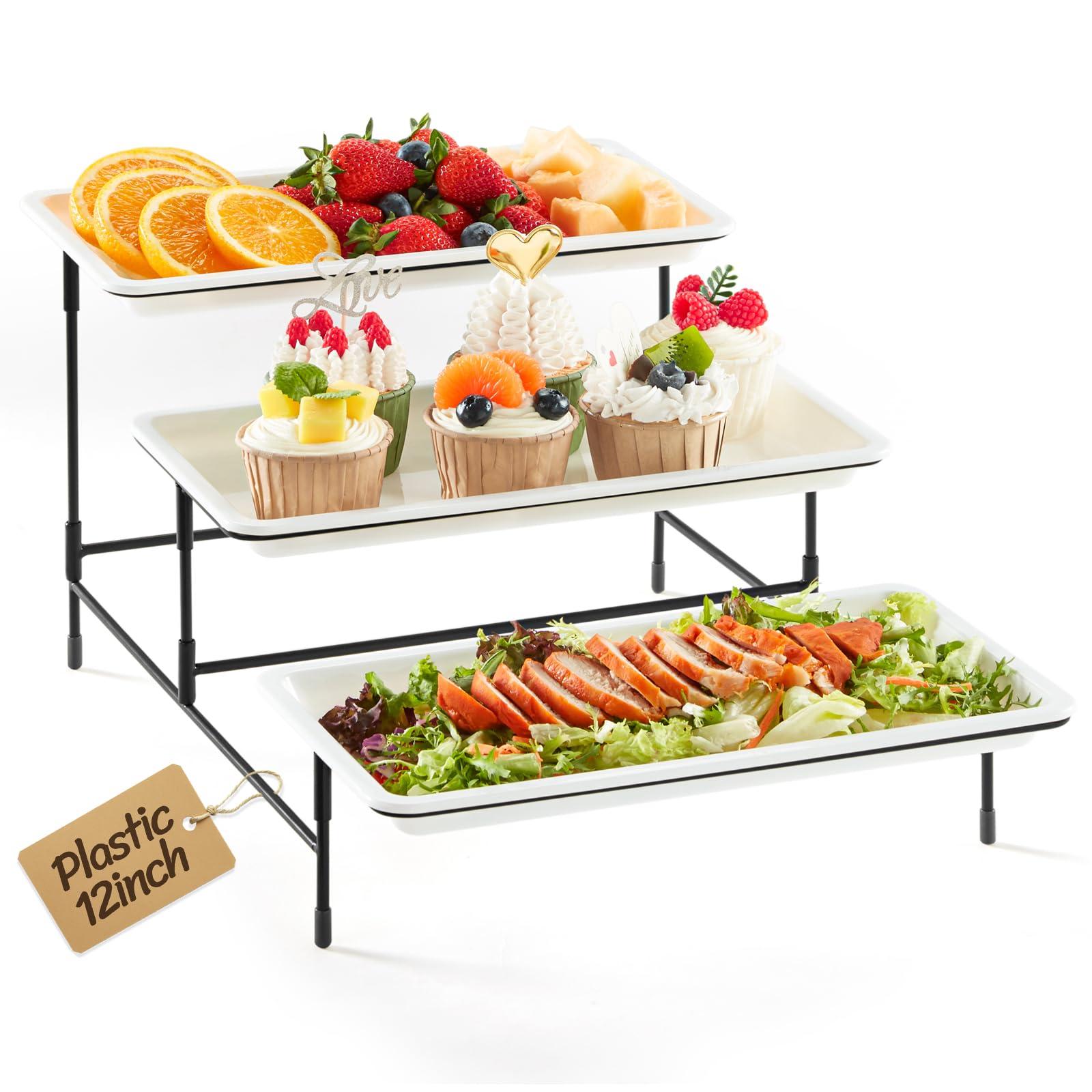 Lifewit Plastic 3 Tier Serving Tray for Party Supplies, 12" x 6.5" Crack-Proof Platters for Serving Food, White Reusable Trays with Black Metal Display Stand for Veggie, Fruit, Cookies, Dessert