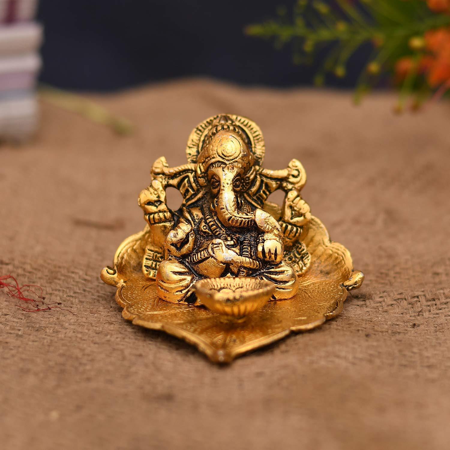 NOBILITY Ganesha on Leaf Statue Gold Ganesh Idol with Diya for Home Office Pooja Puja Diwali Decorative Wedding Return Gift Items 10 Pcs - Image 6