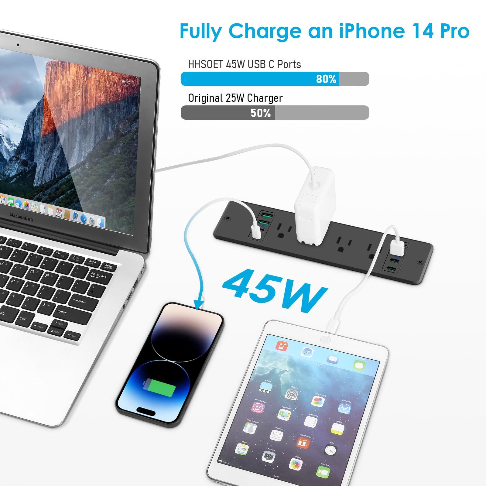 HHSOET 16 in 1 Recessed Power Strip Flat Plug, 45W Fast Charging Furniture Outlet with USB, Conference Recessed Surge Protection with 8 AC Plugs, 4 USB Ports 4 USB-C, 10ft Power Cord.(Black) - Image 2