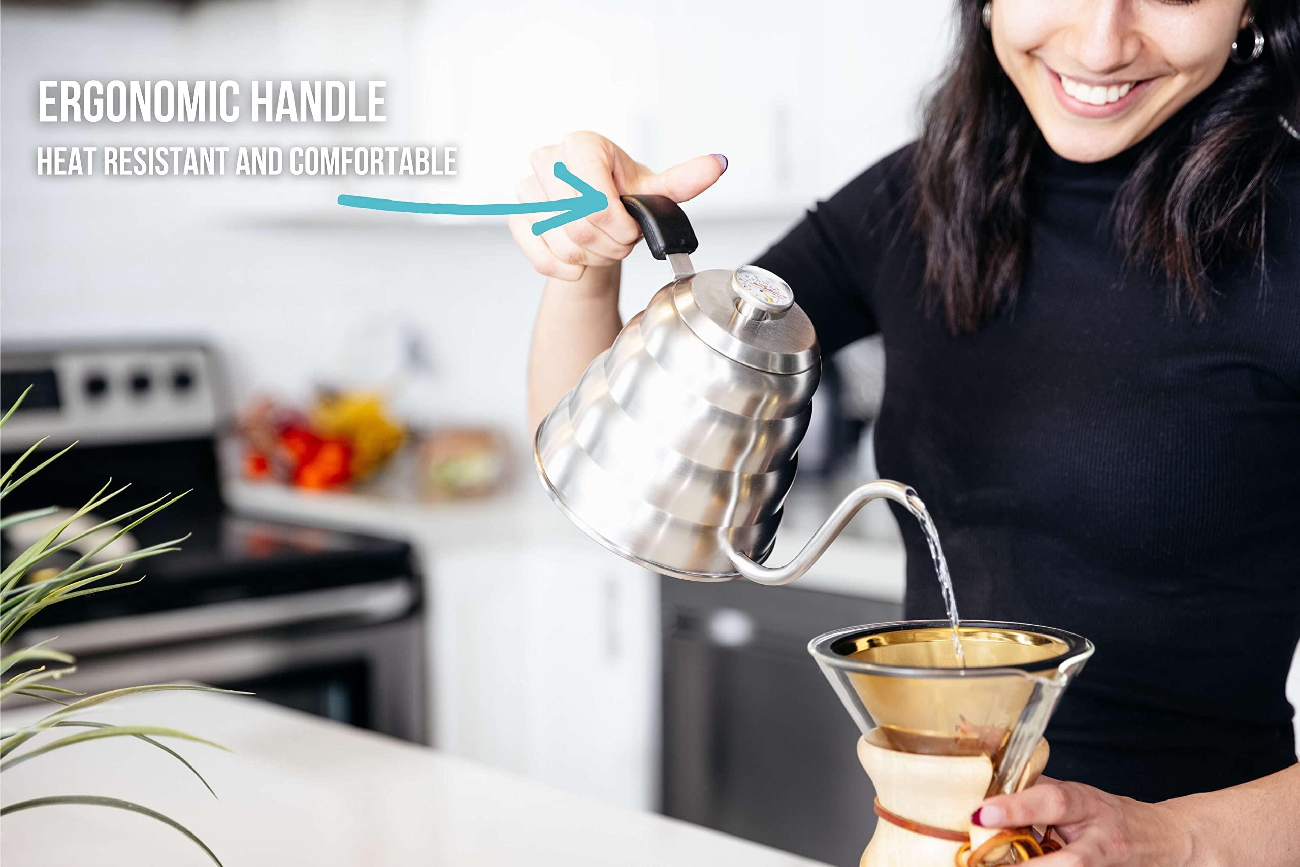 Barista Warrior Gooseneck Kettle for Pour Over Coffee and Tea with Thermometer for Exact Temperature, Precision Pour Drip Spout, Stainless Steel, Compatible with all Stove Tops (1.2 Liter, 40 fl oz) - Image 5