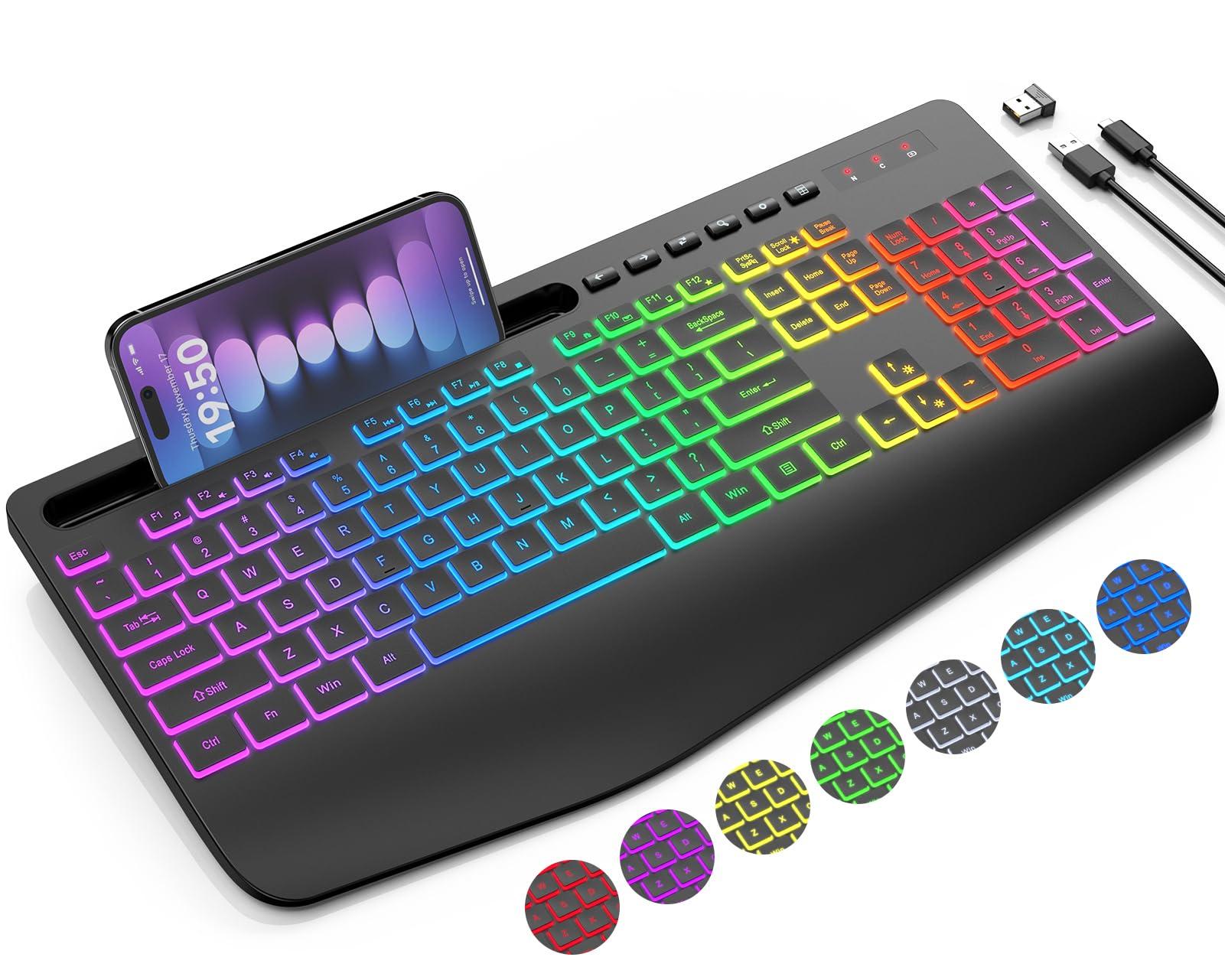 Wireless Keyboard with 8 Colored, 9 Effects Backlits, Wrist Rest, Phone Holder, Rechargeable Ergonomic Computer Keyboard with Silent Keys, 2.4G Lag-Free Cordless Set for PC, Laptop, Windows, MacBook