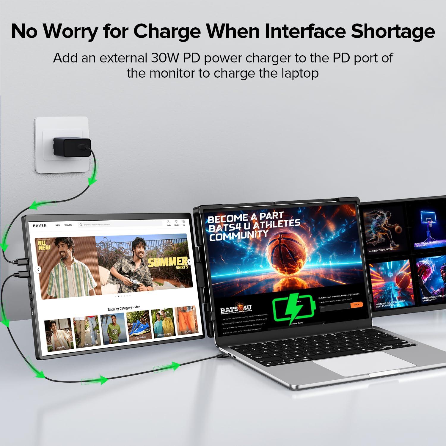 UPERFECT Laptop Screen Extender, 2K 14" 360° Patented Unique Swivel Hinge Triple Monitor, 2240x1400 QHD IPS Portable Dual Monitor for 13.3"-17.3'' Laptops, Plug & Play with Mac, Wins, Android - Image 7