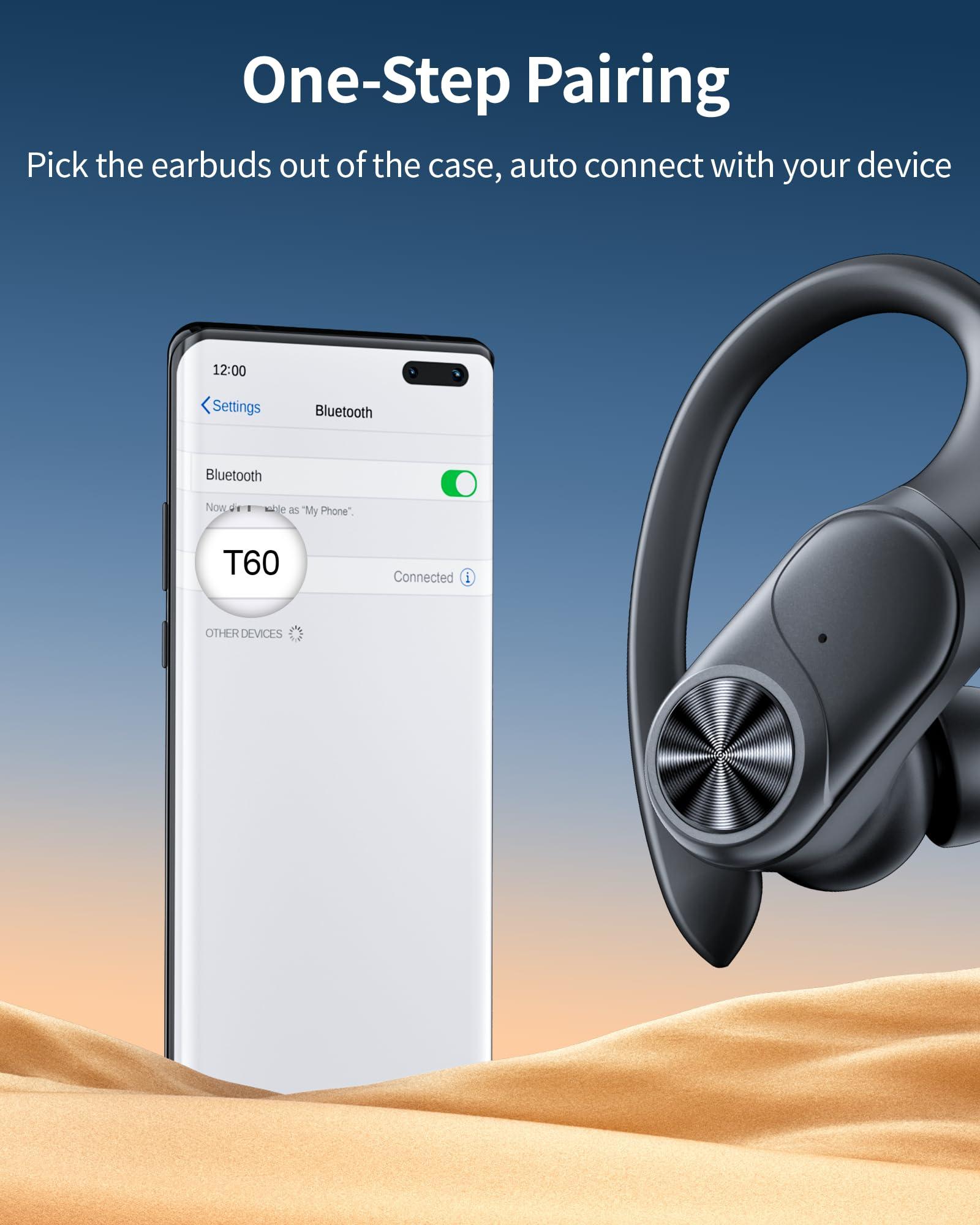 PocBuds Bluetooth Headphones Wireless Earbuds 80hrs Playtime Wireless Charging Case Digital Display Sports Ear Buds with Earhook Deep Bass IPX7 Waterproof Over-Ear Earphones for TV Phone Laptop Black - Image 4