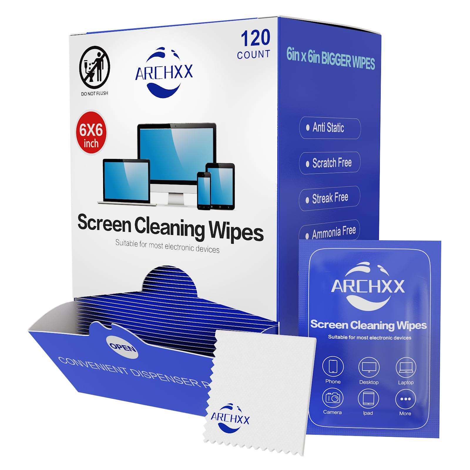 ARCHXX Screen Wipes for Electronics, 120 Count 6"x6" Pre-Moistened Screen Cleaner for Screens, Computer,Laptop,Tablet,Phone,Monitor,Car Screen Cleaner, Lens Wipes Individually Wrapped