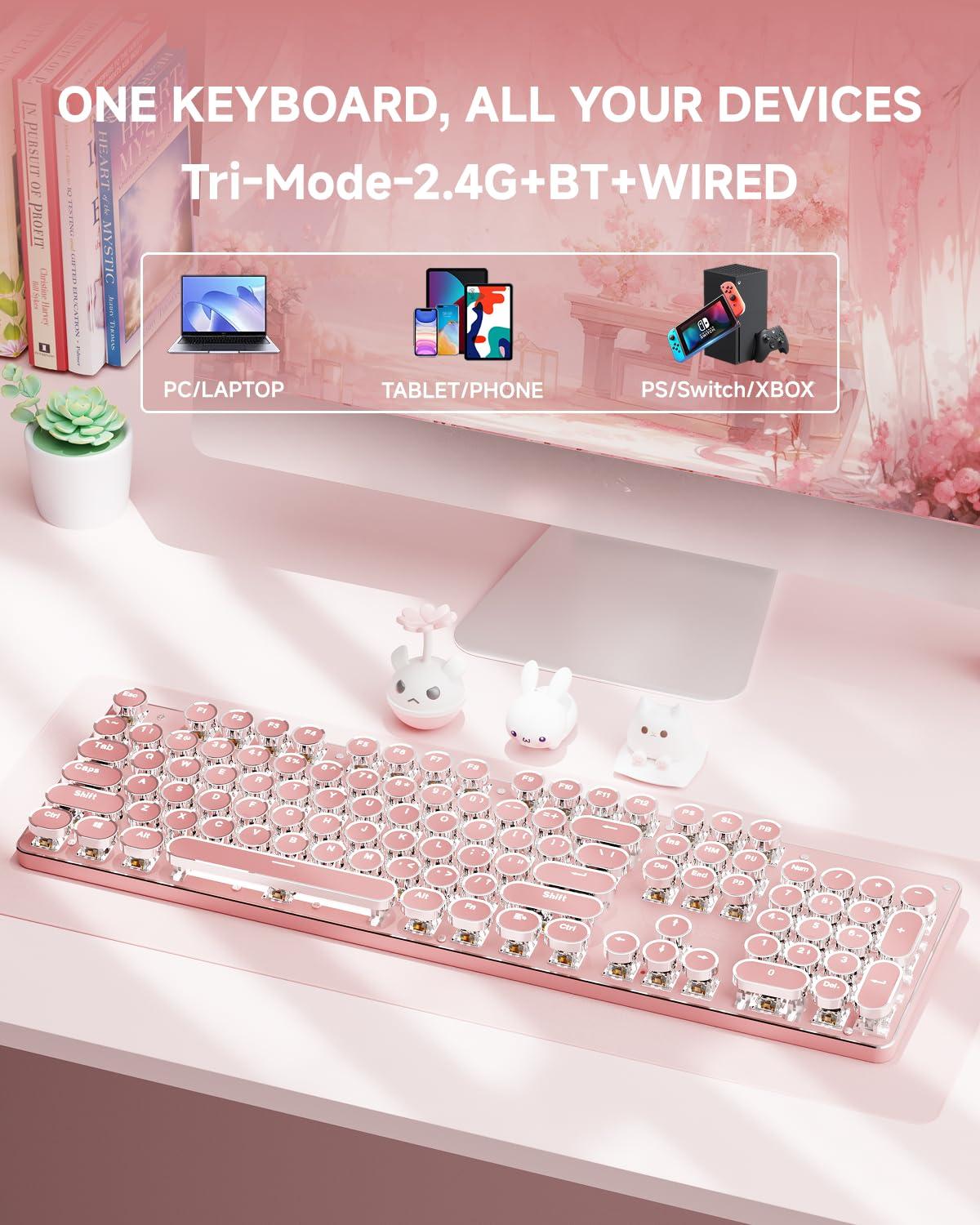 EWEADN TK950 Typewriter Keyboard Wireless Mechanical Keyboards, 104 Keys Aesthetic Typewriter Keyboard with White Backlit, Anti-Ghosting, Blue Switch Bluetooth/2.4GHz/USB-C Wired Cute Keyboards-Pink - Image 3