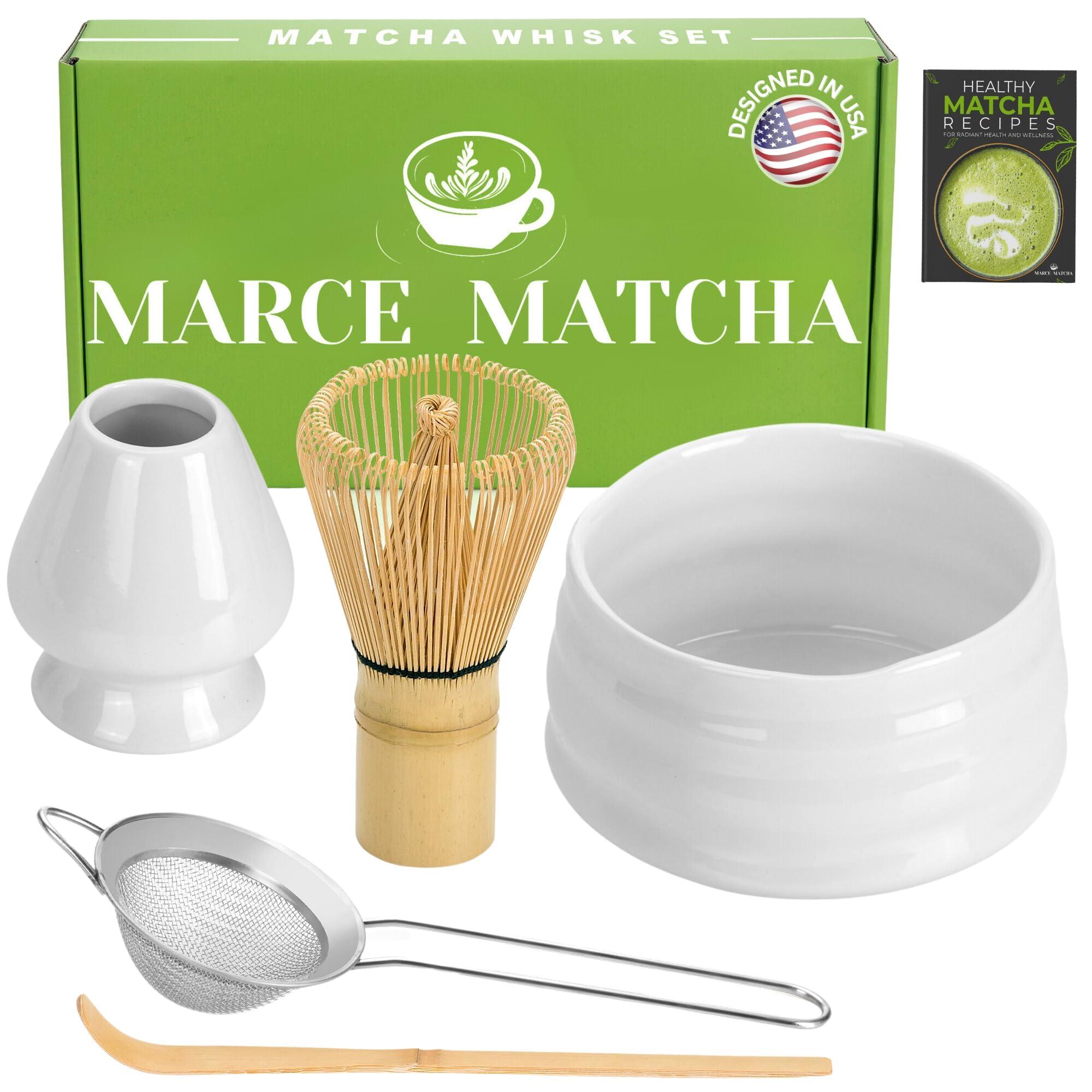 Marce Matcha Whisk Set- Matcha Set includes Matcha Whisk and Bowl (Matcha Bowl), Sifter, Holder and Scoop- The Perfect Bamboo Whisk for Matcha Tea (White)