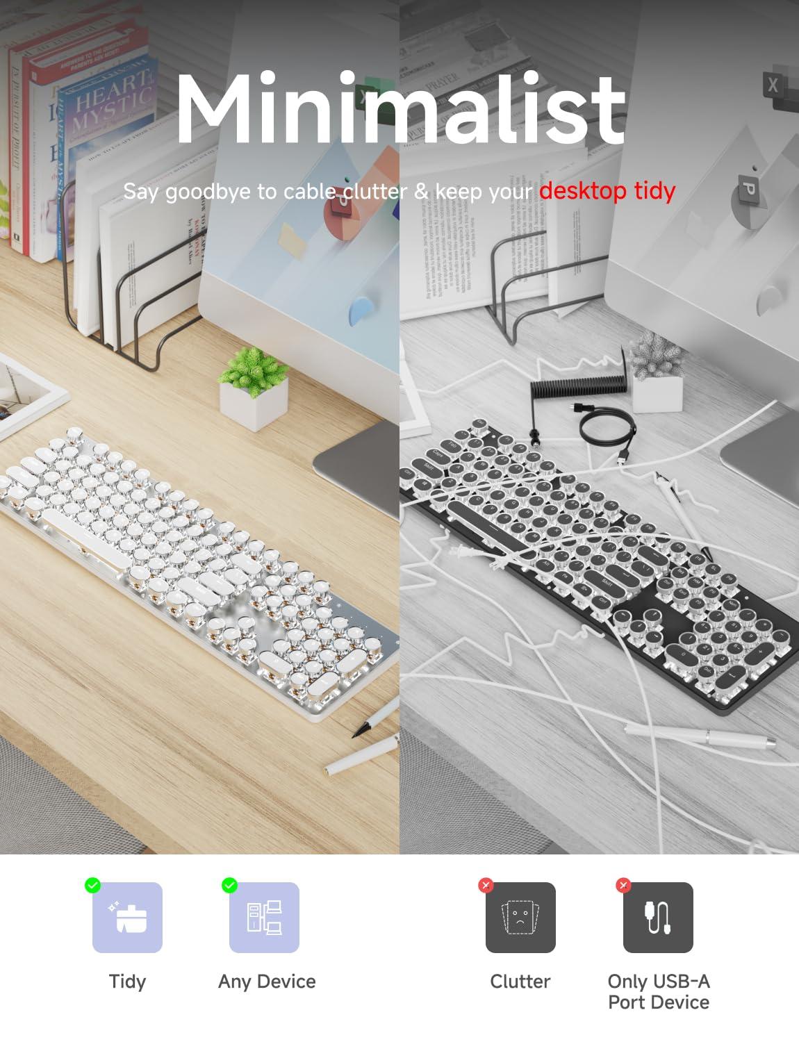 EWEADN TK950 Typewriter Keyboard Wireless Mechanical Keyboards, 104 Keys Aesthetic Typewriter Keyboard with White Backlit, Anti-Ghosting, Blue Switch Bluetooth/2.4GHz/Wired Cute keyboards-White - Image 3