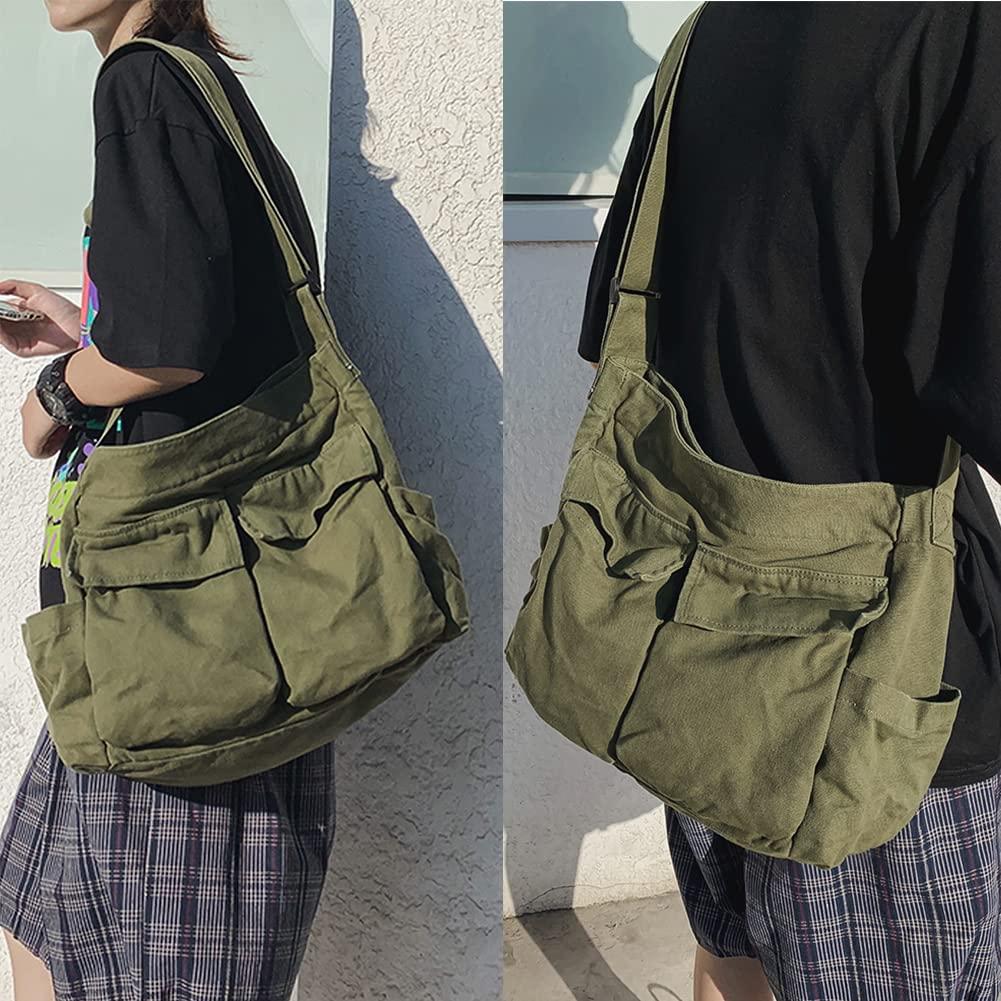 JQWSVE Canvas Messenger Bag Large Hobo Crossbody Bag with Multiple Pockets Canvas Shoulder Tote Bag for Women and Men - Image 6