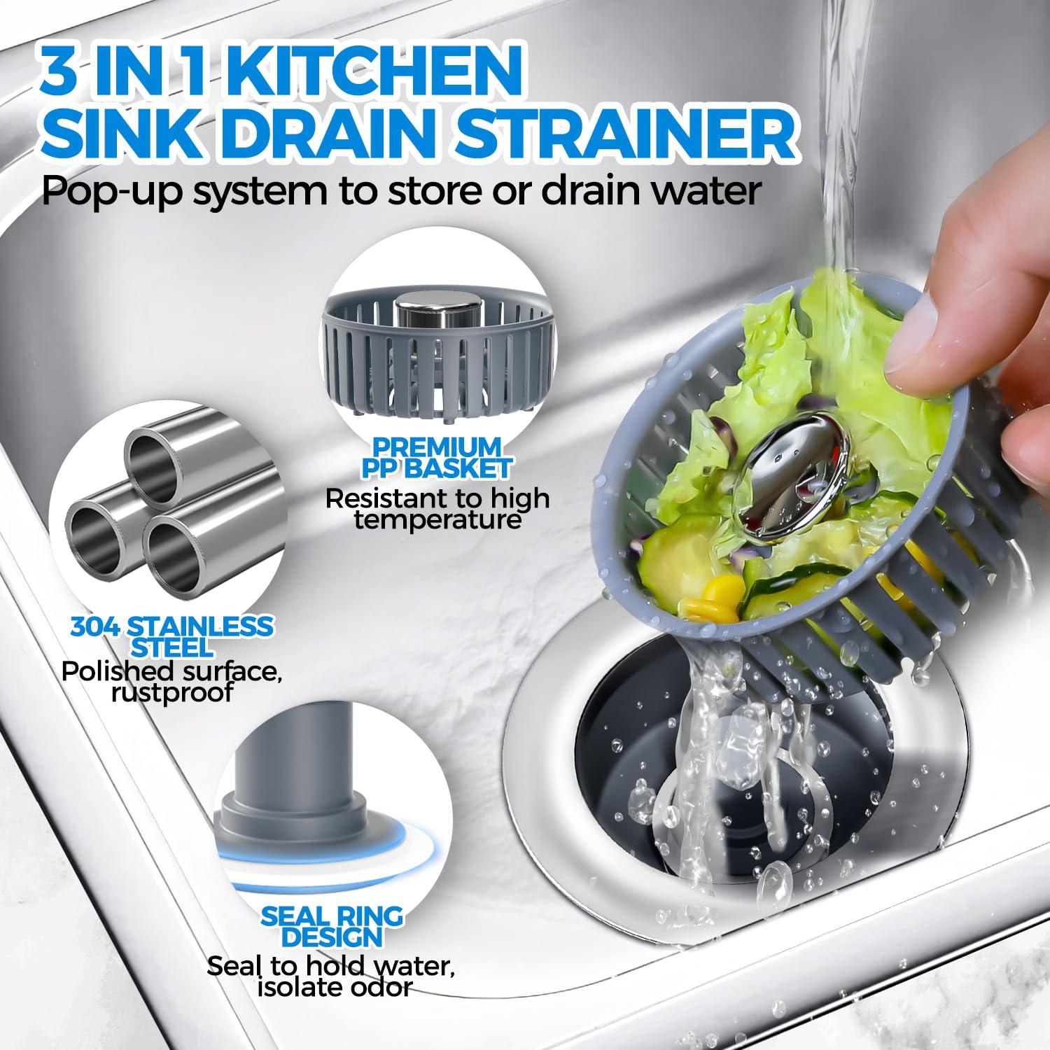 Upgraded 3in1 Kitchen Sink Drain Strainer & Sink Stopper, Stainless Steel Kitchen Drain Plug & Sink Installation Parts with Anti-Clogging Basket, Fit US Standard 3-1/2'' Sink Drain Hole, Silver - Image 2