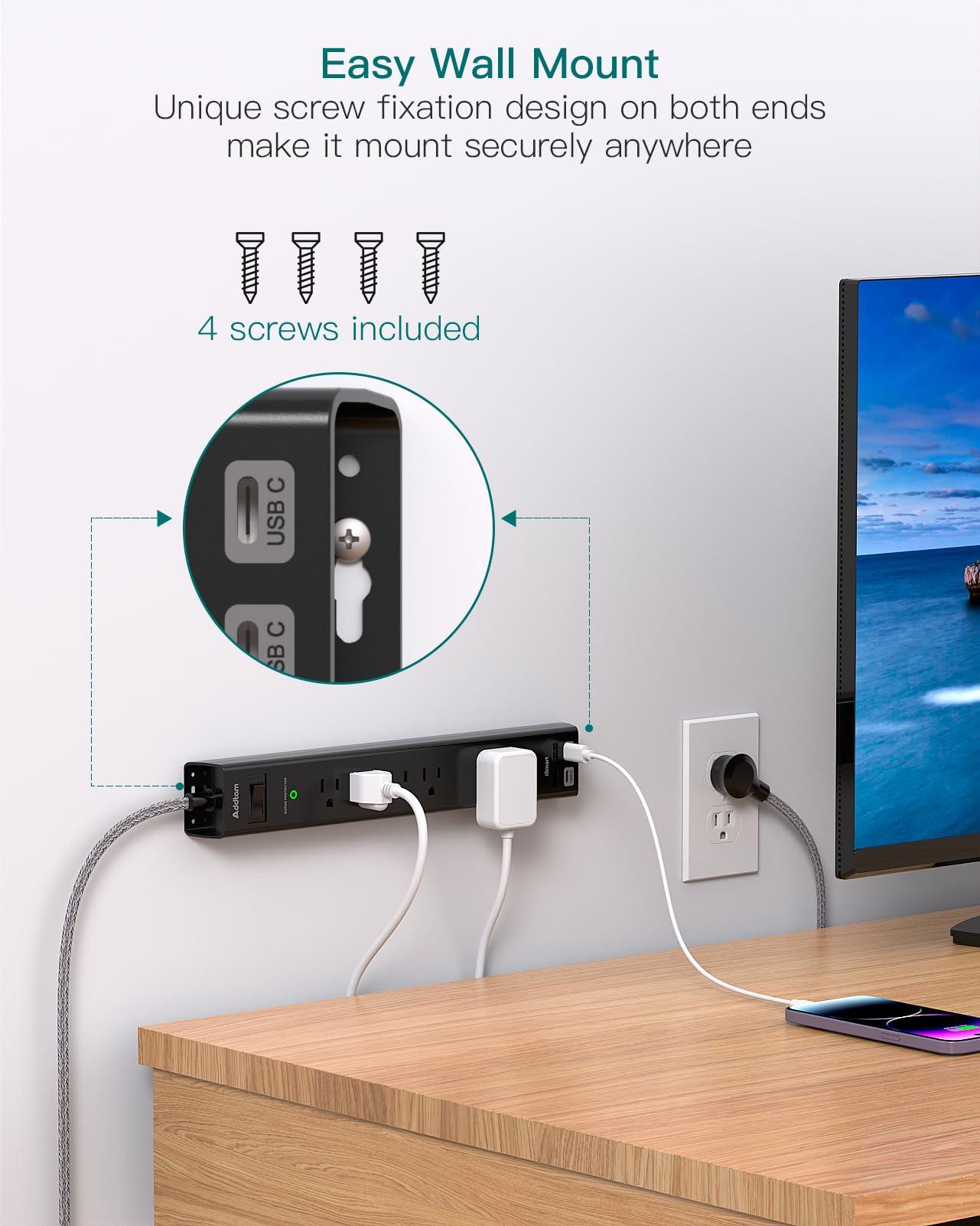 2 Pack Power Strip Surge Protector - 6Ft Extension Cord with 5 Widely Outlets 4 USB (2 USB C) Port, 1875W/15A, Wall Mount, Flat Plug, Desk Charging Station for Home Office College Dorm Room Essentials - Image 5