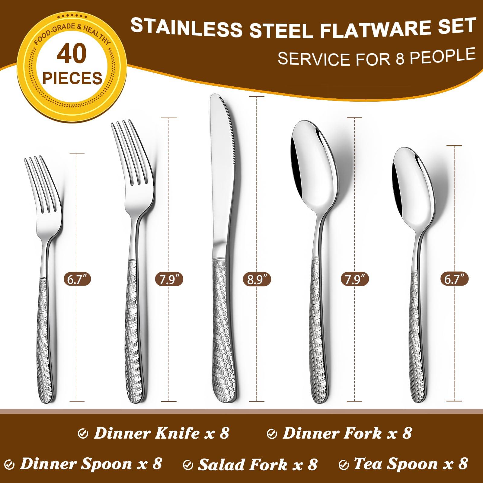 40-Piece Hammered Silverware Set, Deedro Stainless Steel Heavy Duty Flatware Set for 8, Food-Grade Tableware Cutlery Set, Utensil Sets for Home Restaurant, Mirror Finish, Dishwasher Safe - Image 3