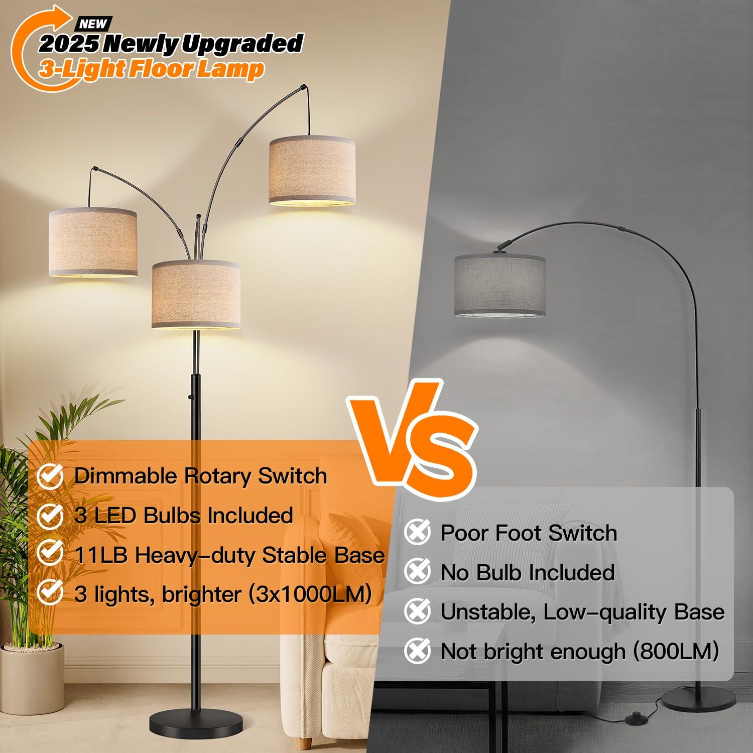Dimmable Floor Lamp - 3 Lights Arc Floor Lamps for Living Room, 1000LM Modern Tall Standing Lamp With Beige Shades & Heavy Base, Mid Century Tree Floor Lamp for Bedroom Office, 3 LED Bulbs Included - Image 6