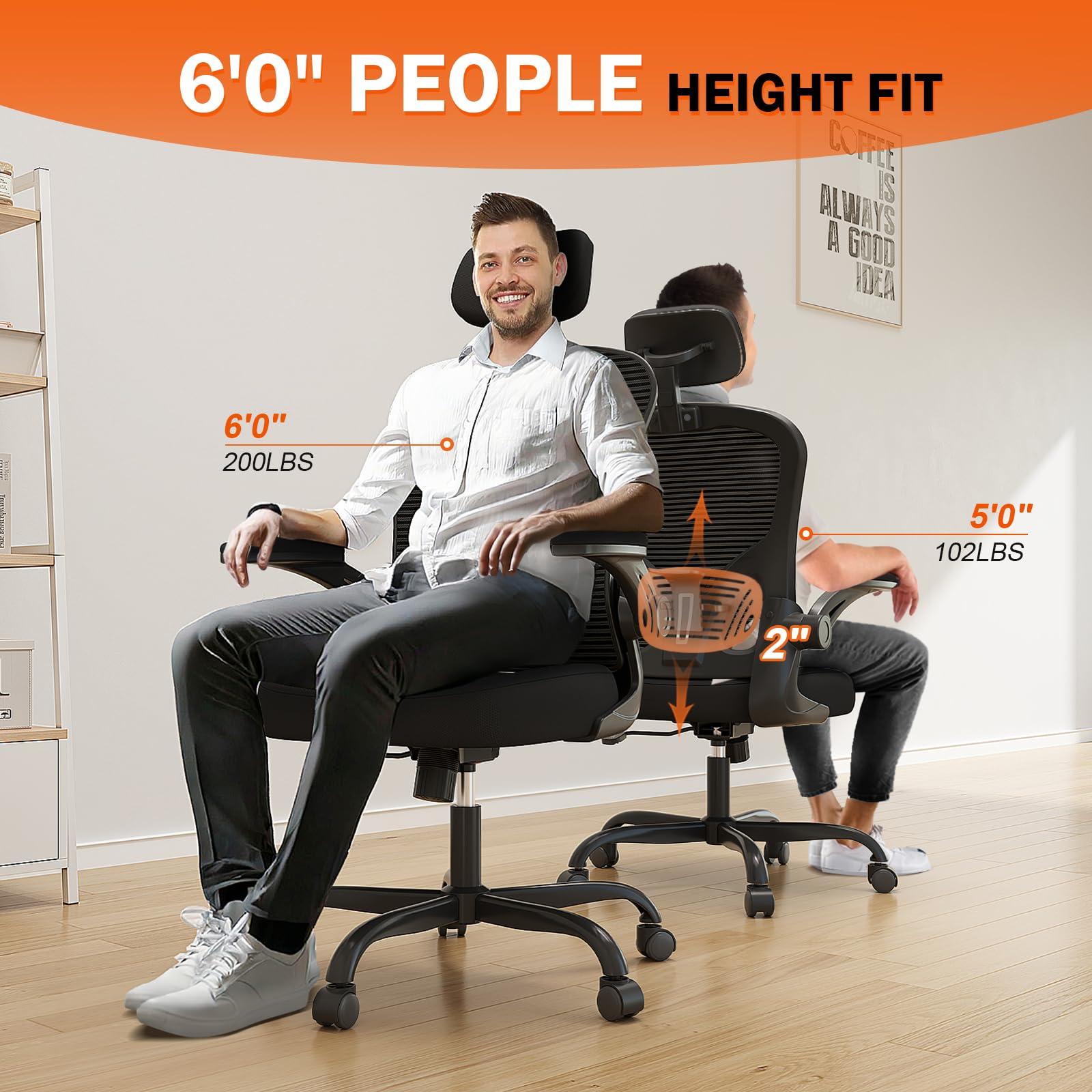 Office Chair Ergonomic Desk Chair, 330LBS Capacity, High Back Computer Chair for Long Hours Comfortable, Rolling Swivel Executive Task Chair for Home Office with Flip-up Armrests, Black - Image 3