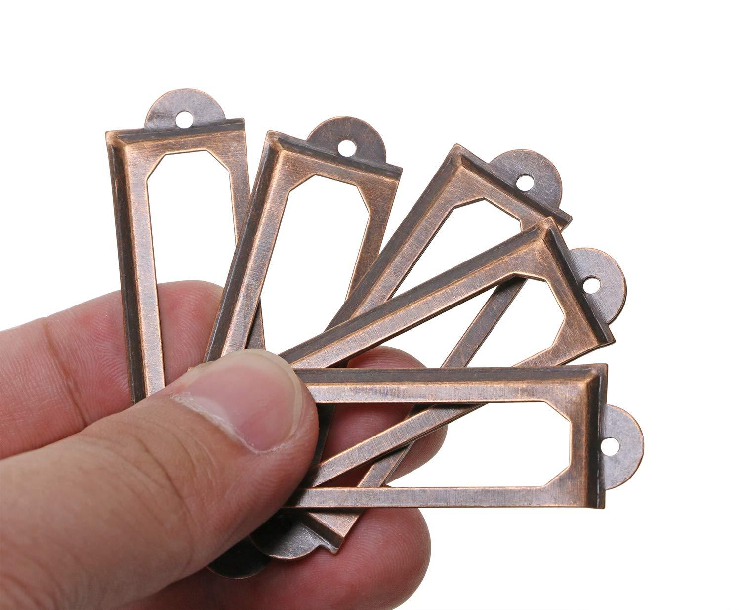 ONLYKXY 20Pcs Antique Brass Metal Drawer Door Lab Tag Label Pull Frame Handle File Name Card Holder for Furniture Cabinet Hardware Box Case Bin 17x60mm (Red Copper) - Image 6