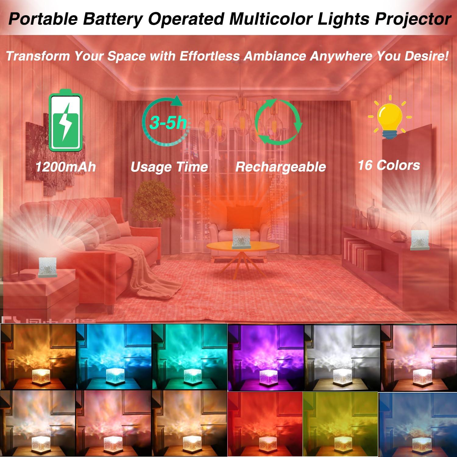 Ocean Wave Projector Light Cordless - Battery Operated Under Water Lamp Cube Northern Lights Aurora Projector Rechargeable Night Light for Shower Bedroom Stress Relief (Wireless) - Image 2