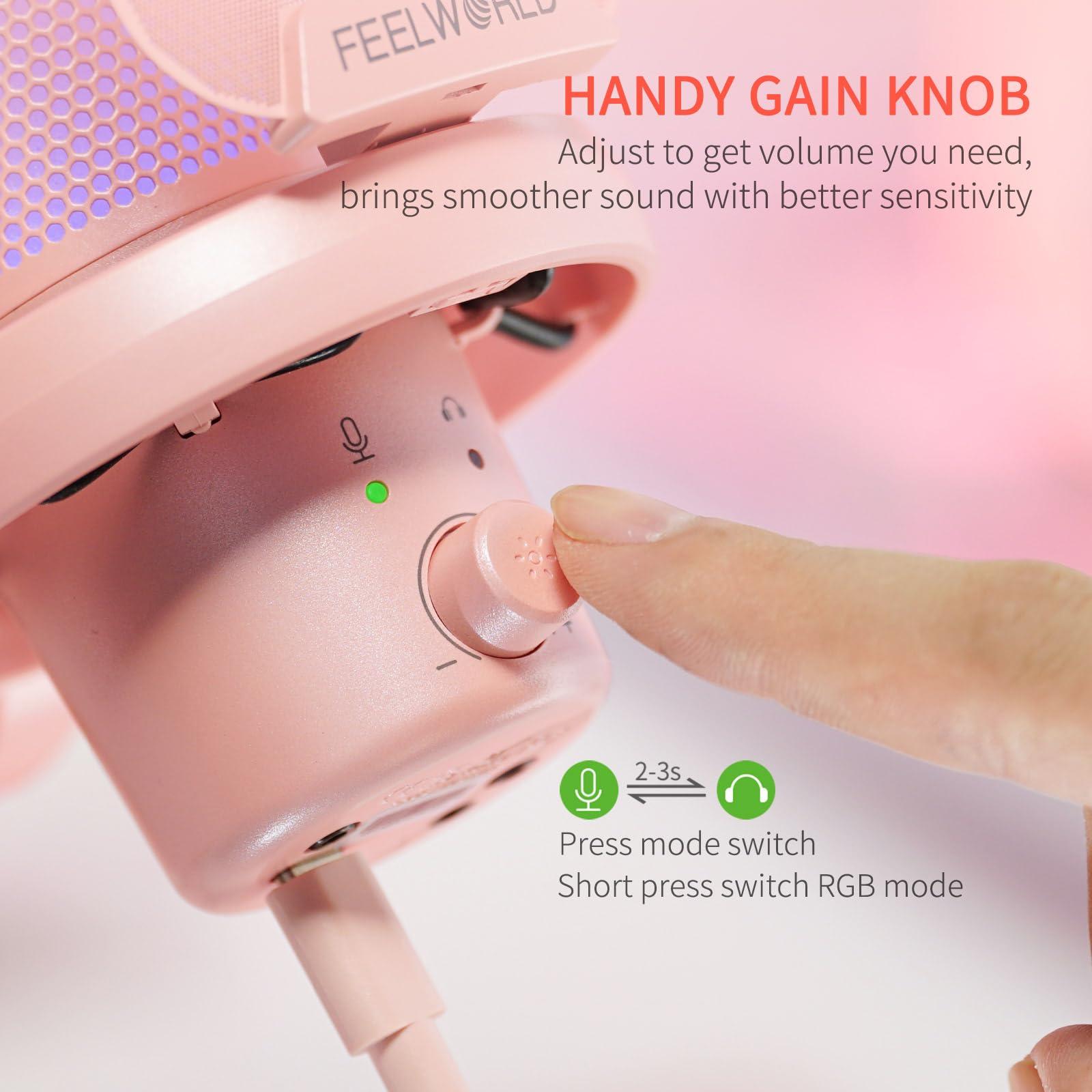 FEELWORLD VM1 Pink Gaming PC USB Microphone Condenser Mic with Noise Cancellation Mute RGB Light, Computer Accessories Gifts for Gamer YouTube Twitch Podcast Streaming Recording Online Chat PS4 PS5 - Image 3