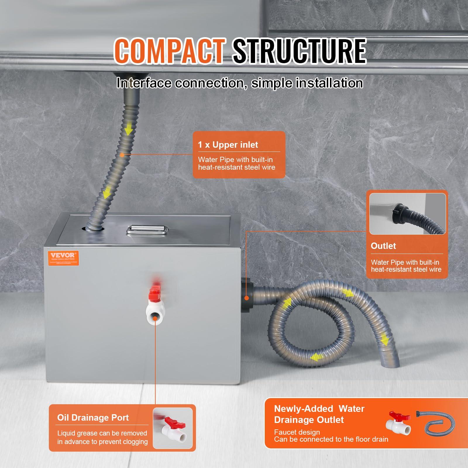 VEVOR Commercial Grease Trap, 8 LBS Grease Interceptor, Top Inlet Interceptor, Under Sink Stainless Steel Grease Trap, 2.8 GPM Waste Water Oil-water Separator, for Restaurant Canteen Home Kitchen - Image 7