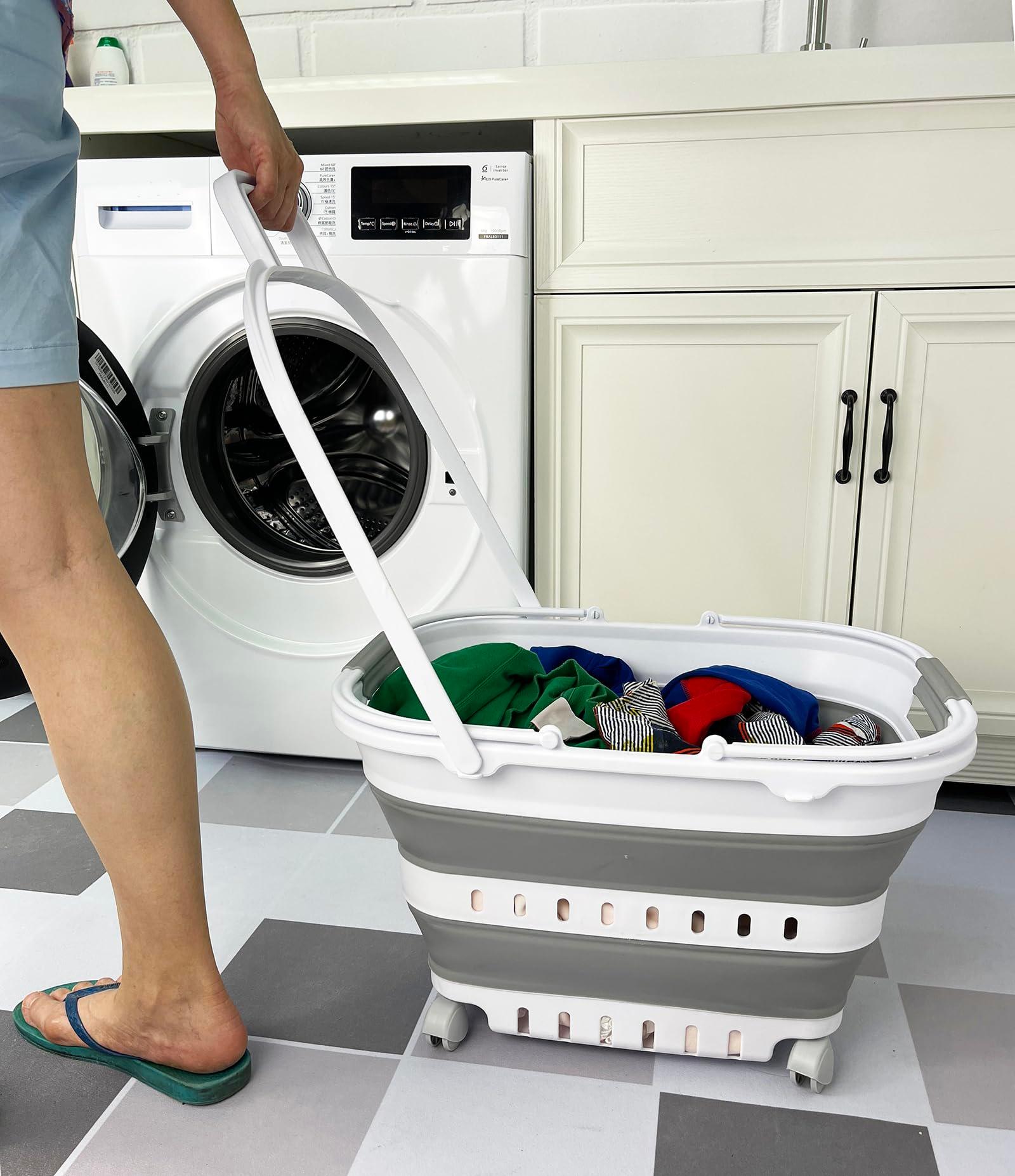 SAMMART 35L (9.24 Gallons) Collapsible Plastic Laundry Basket with Handle and Wheels - Foldable Pop Up Storage Container/Organizer with handle and wheels - Space Saving (1, White/Grey) - Image 6