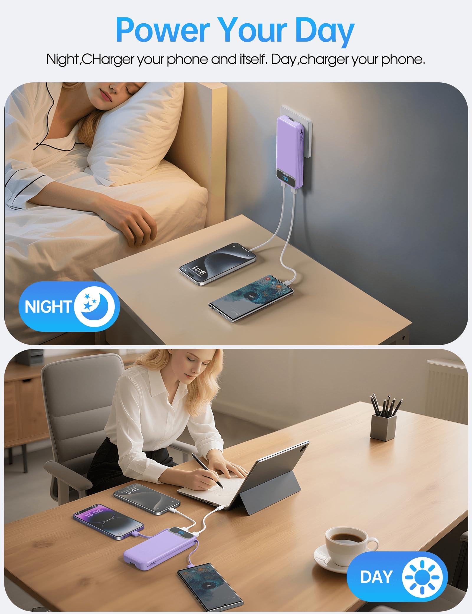 Portable-Charger Power-Bank with Built-in Cables & AC Wall Plug - 12000mAh PD 20W Fast Charging for iPhone,Samsung,Android, USB-C,Rechargeable External Battery Pack for Cell Phone,Type C,Travel Purple - Image 9