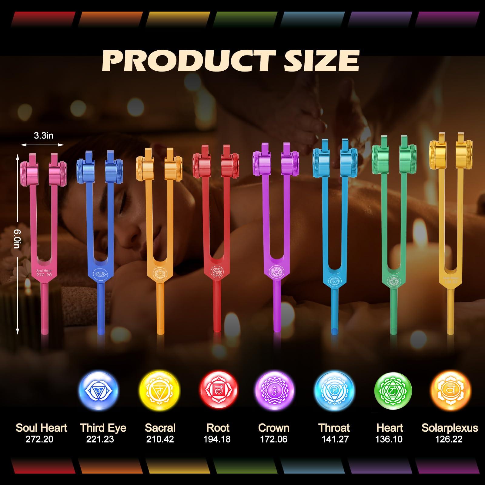 TENFLY Chakra Tuning Forks Set for Healing, 7 Chakra+1 Soul Purpose Weighted Tuning Forks for DNA Healing, Chakra, Sound Therapy etc, Multicolour(126.22 Hz, 136.1 Hz, 141.27 Hz, 172.06 Hz etc) - Image 2