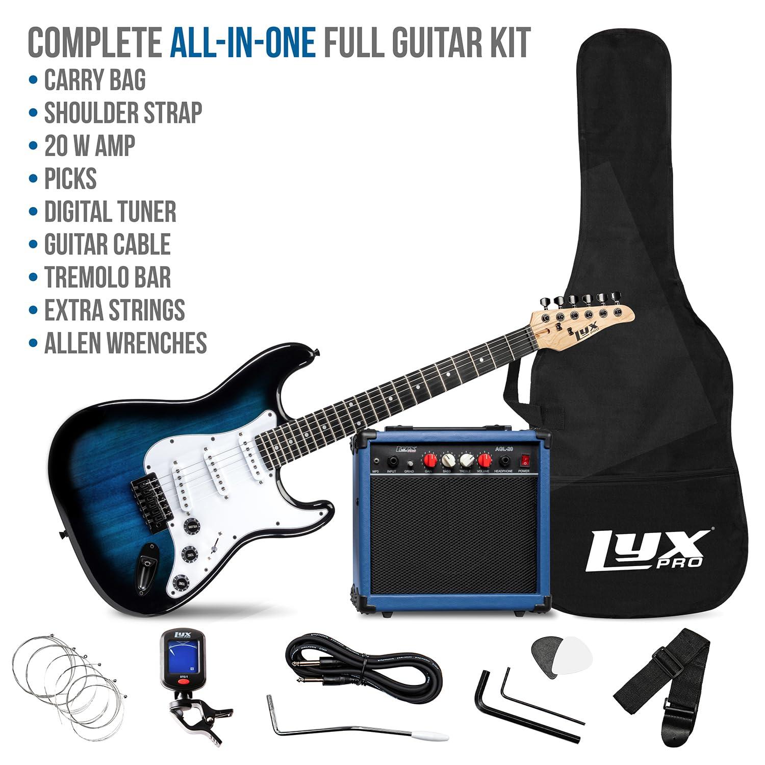 LyxPro 39 inch Electric Guitar Kit Bundle with 20w Amplifier, All Accessories, Digital Clip On Tuner, Six Strings, Two Picks, Tremolo Bar, Shoulder Strap, Case Bag Starter kit Full Size - Blue - Image 2