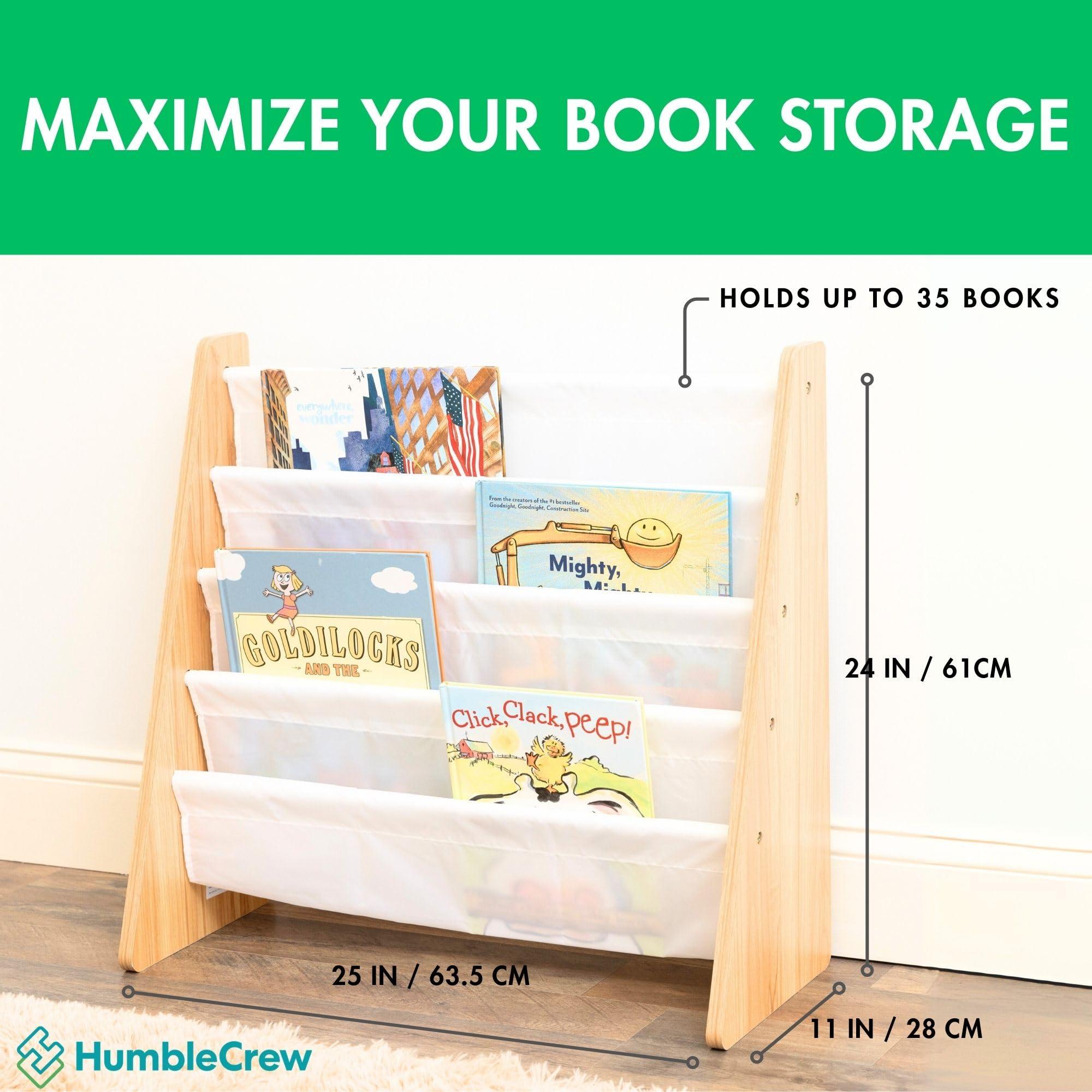 Humble Crew 4-Tier Kids Bookshelf, Natural Wood/White - Premium Book Shelf for Kids Rooms with Four Deep Pockets - Toddler Sling Book Rack with Deep Sleeves, Nursery Bookcase Organizer - Image 2