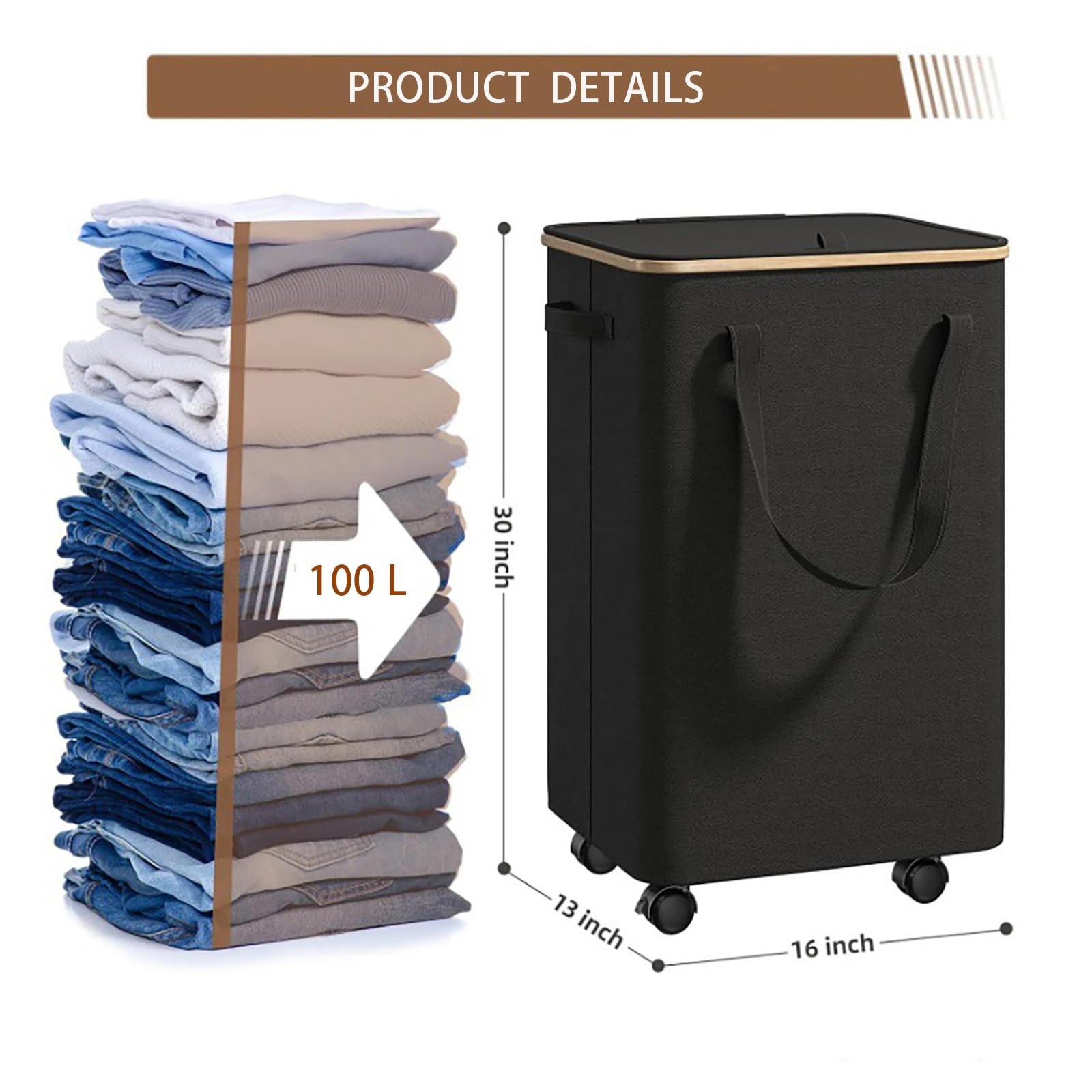 Large Laundry Basket with Wheels,100L Tall Laundry Hamper with Lid and Removable Liner Bag,Collapsible Dirty Clothes Hamper for Bathroom,Bedroom,Dorm & Laundry Room,Black - Image 2