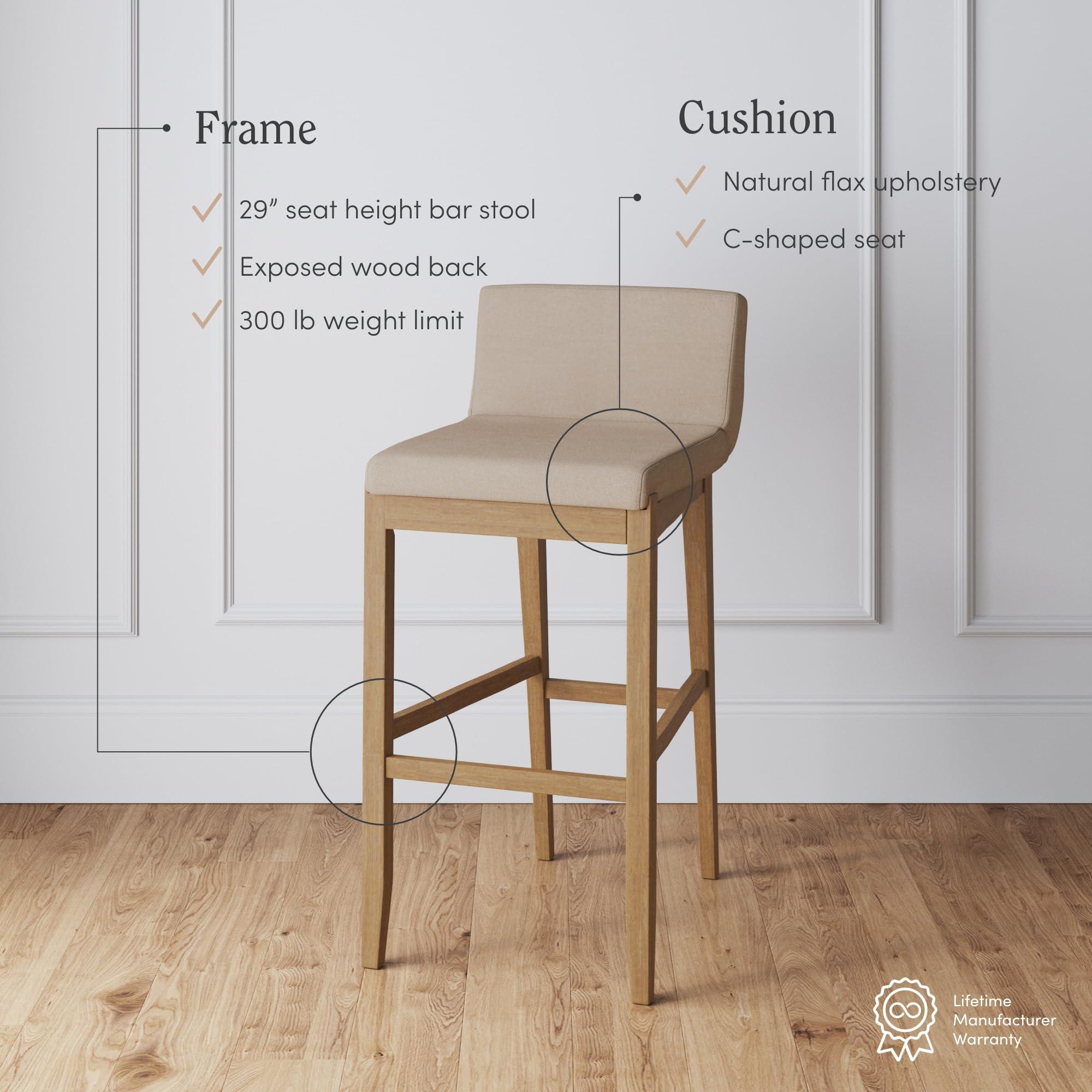 Nathan James Gracie Modern Bar Stool with Back, Cushioned Bar Height Stool with Natural Flax Upholstery and Brushed Wooden Legs, Natural Flax/Brown - Image 4