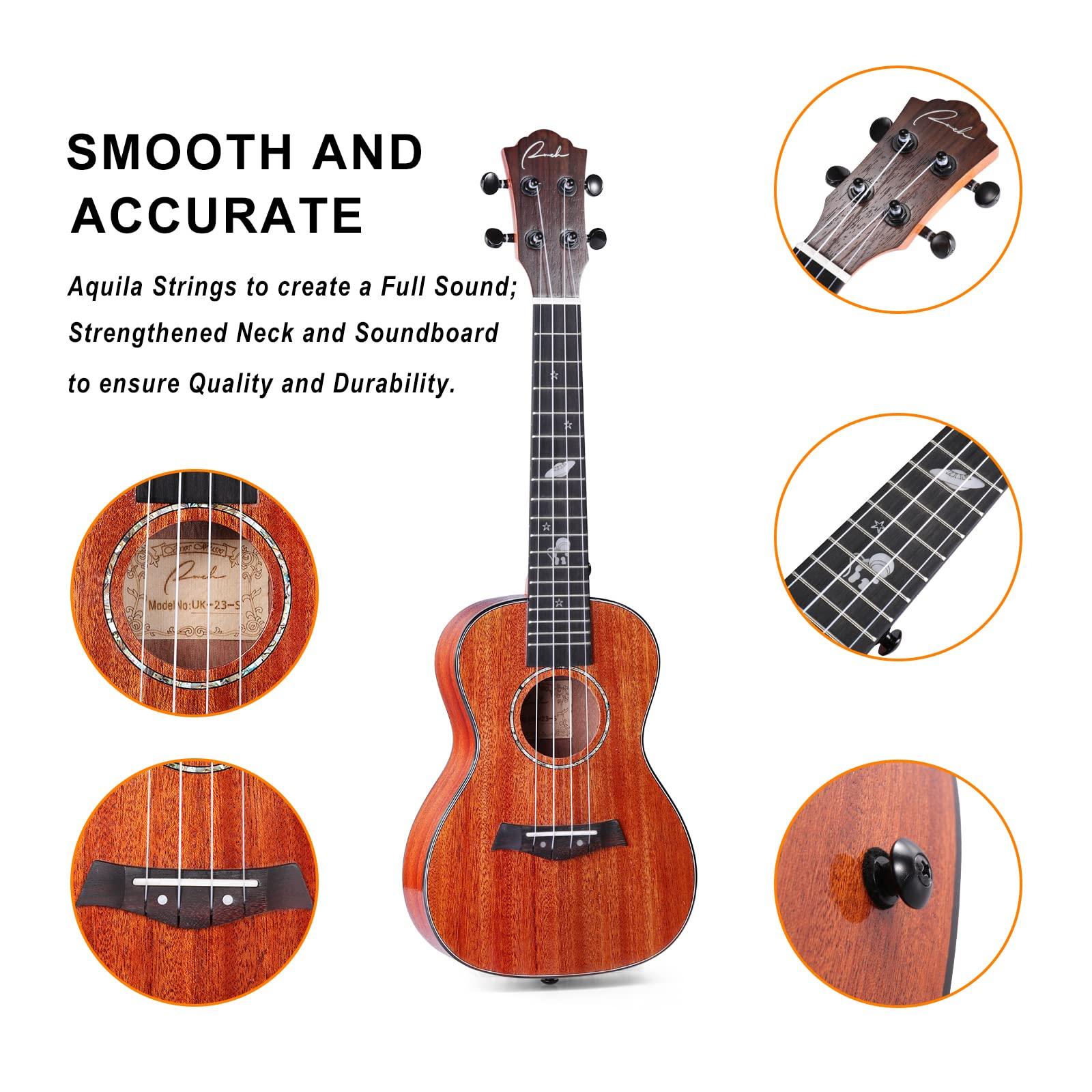 Ranch Concert Ukulele 23 inch Solid Top Ukelele Kit Professional Small Hawaiian Guitar Ukalalee Starter Pack Bundle Gig bag, Tuner, Strap, Aquila String Set, 12 Online Lessons - Glossy - Image 3
