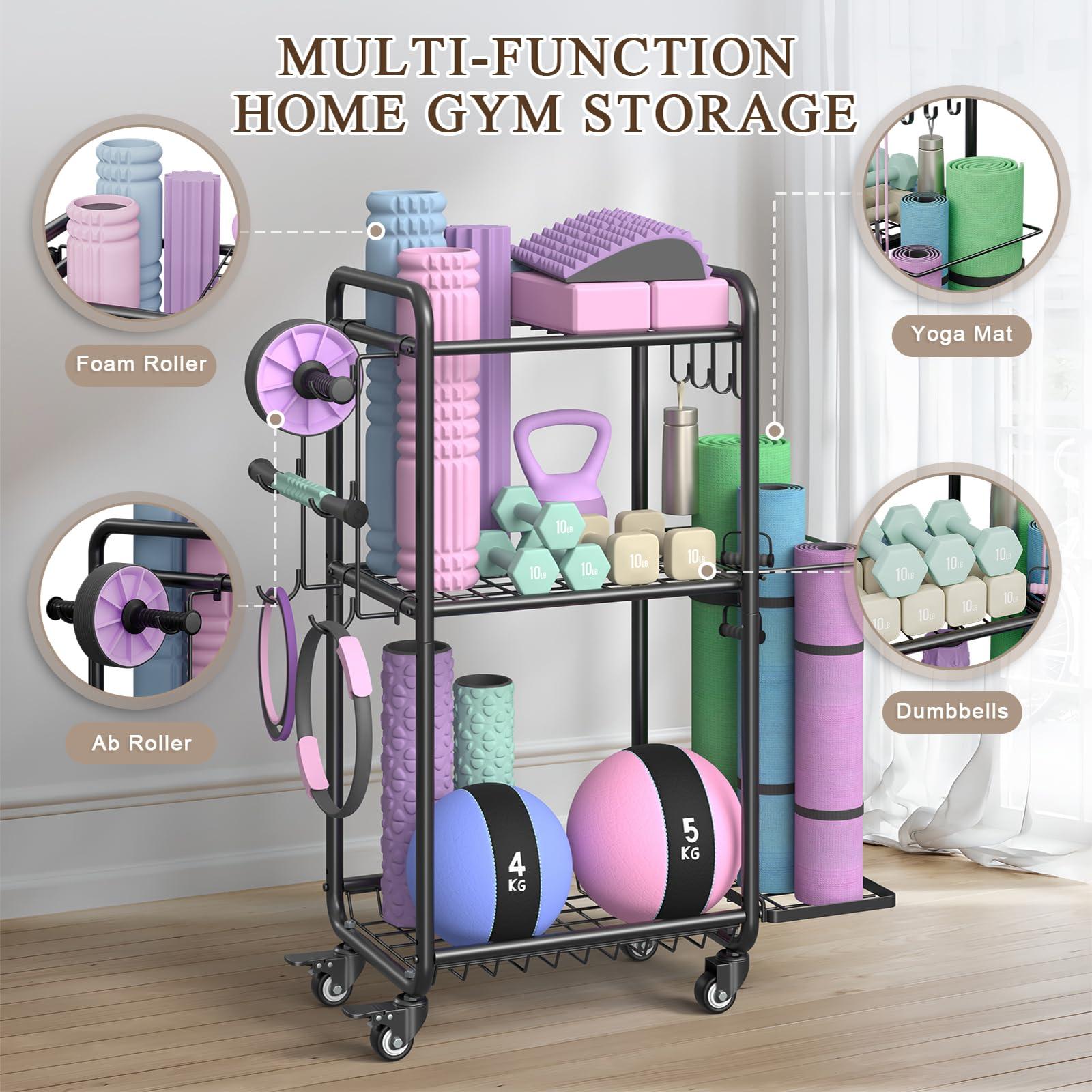 Weight Rack for Home Gym, All in One Yoga Mat Storage Rack, Workout Equipment Storage with Wheels and Hooks for Dumbbells Kettlebells Foam Rollers, Powder Coated - Image 2