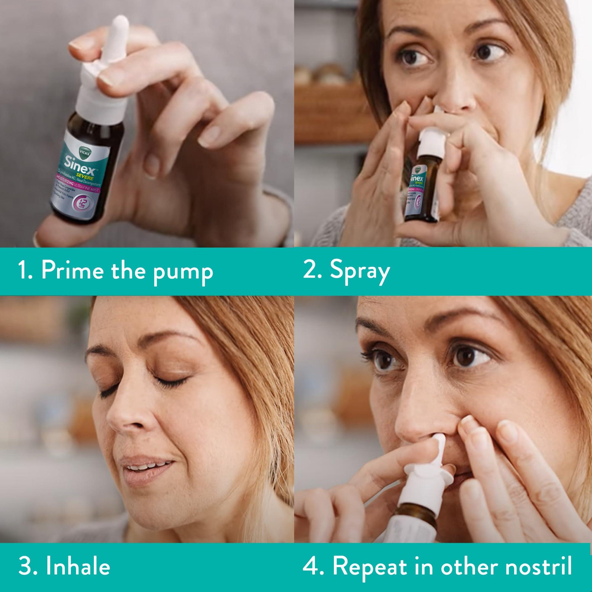 Vicks Sinex Severe Nasal Spray, Moisturizing Ultra Fine Mist with Aloe, Decongestant Medicine, Relief from Stuffy Nose Due to Cold or Allergy, Nasal Congestion & Sinus Pressure Relief, 265 Sprays x 2 - Image 6