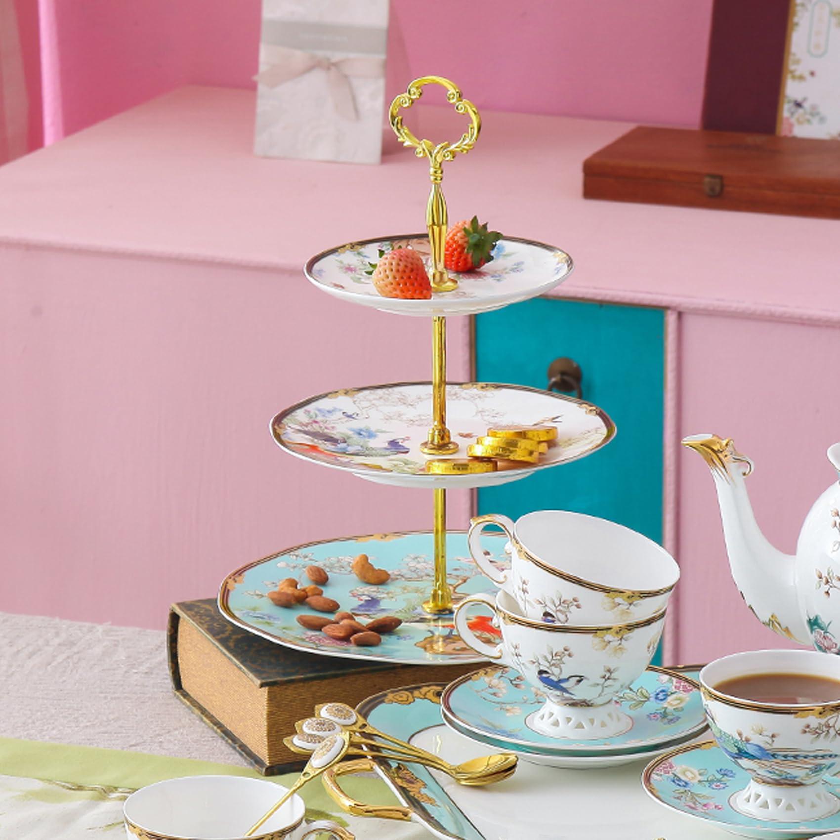 ACMLIFE 3-Tier Afternoon Tea Stand Porcelain Serving Stand Cupcake Stand Vintage Floral 3-Tier Tray Stand Light Blue Bone China Cake Stand for Tea Parties and Dessert Displays (Blue3) - Image 2