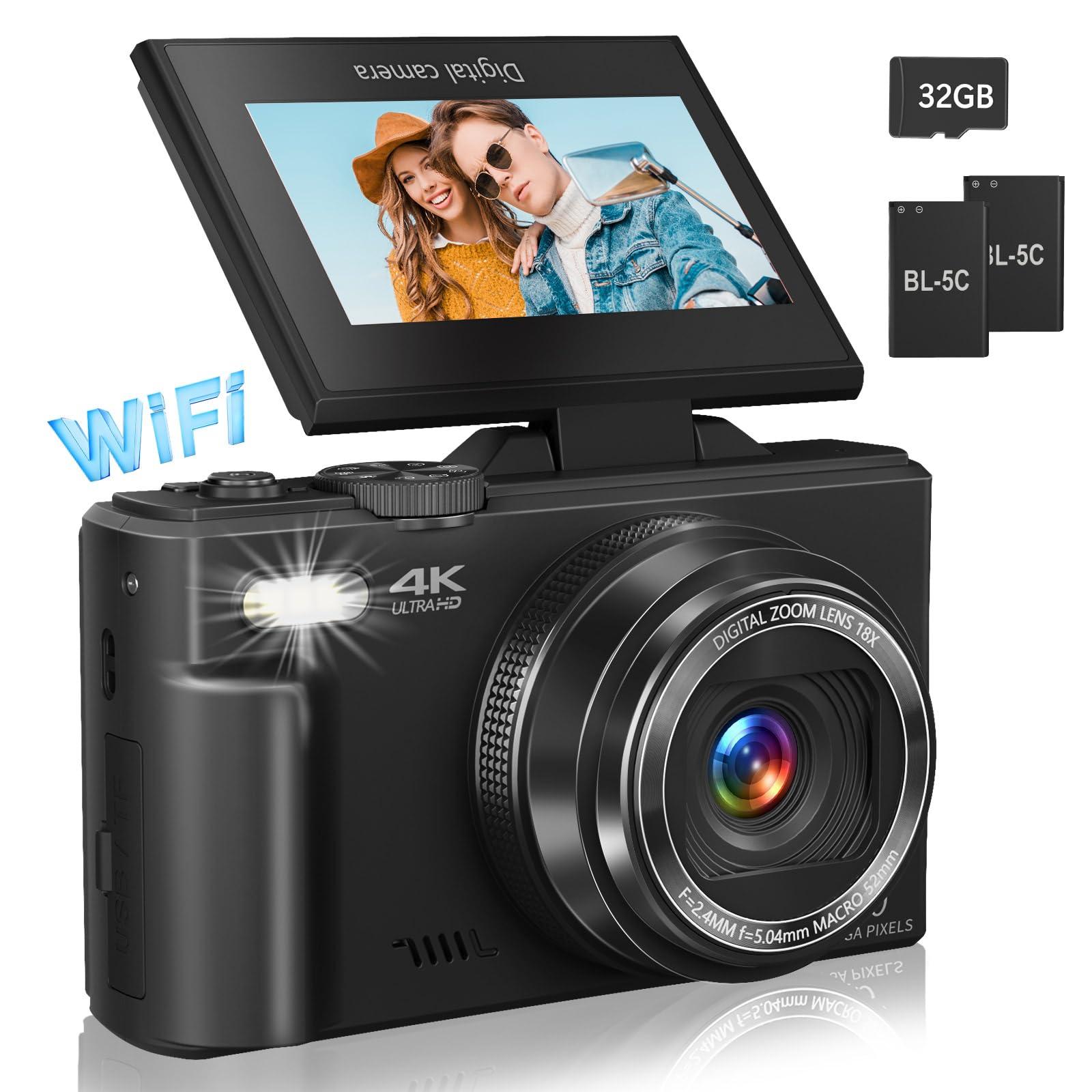 Digital Camera for Photography, 4K Vlogging Camera for YouTube 3" 180° Flip Screen 18X Digital Zoom Compact Retro Cameras with 32GB TF Card & 2 Batteries, Black