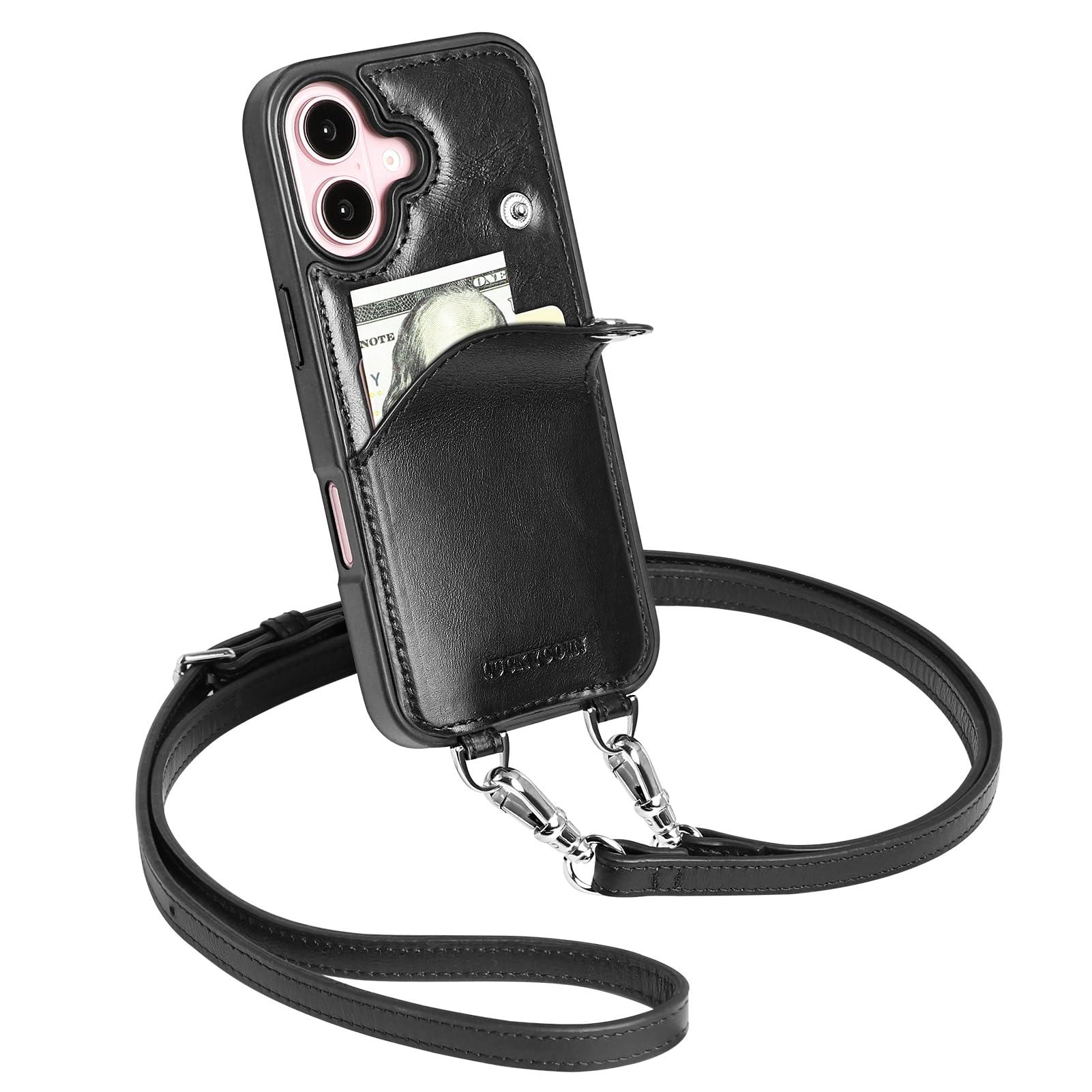 LUCKYCOIN for iPhone 16 Case 6.1in for Women, Leather Wallet Phone Case with Cover Card Holder,Purse with Snap Closure,with Adjustable/Removable Crossbody Strap Hands Free Carry - Black
