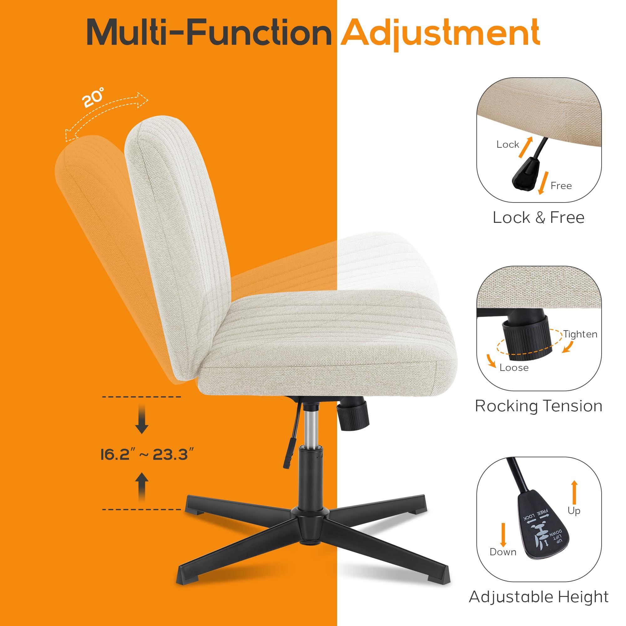 DUMOS Criss Cross Chair Legged Office Wide Comfy Desk Seat, No Wheels Armless Computer Task Seating, Swivel Vanity Home Height Adjustable - Image 4