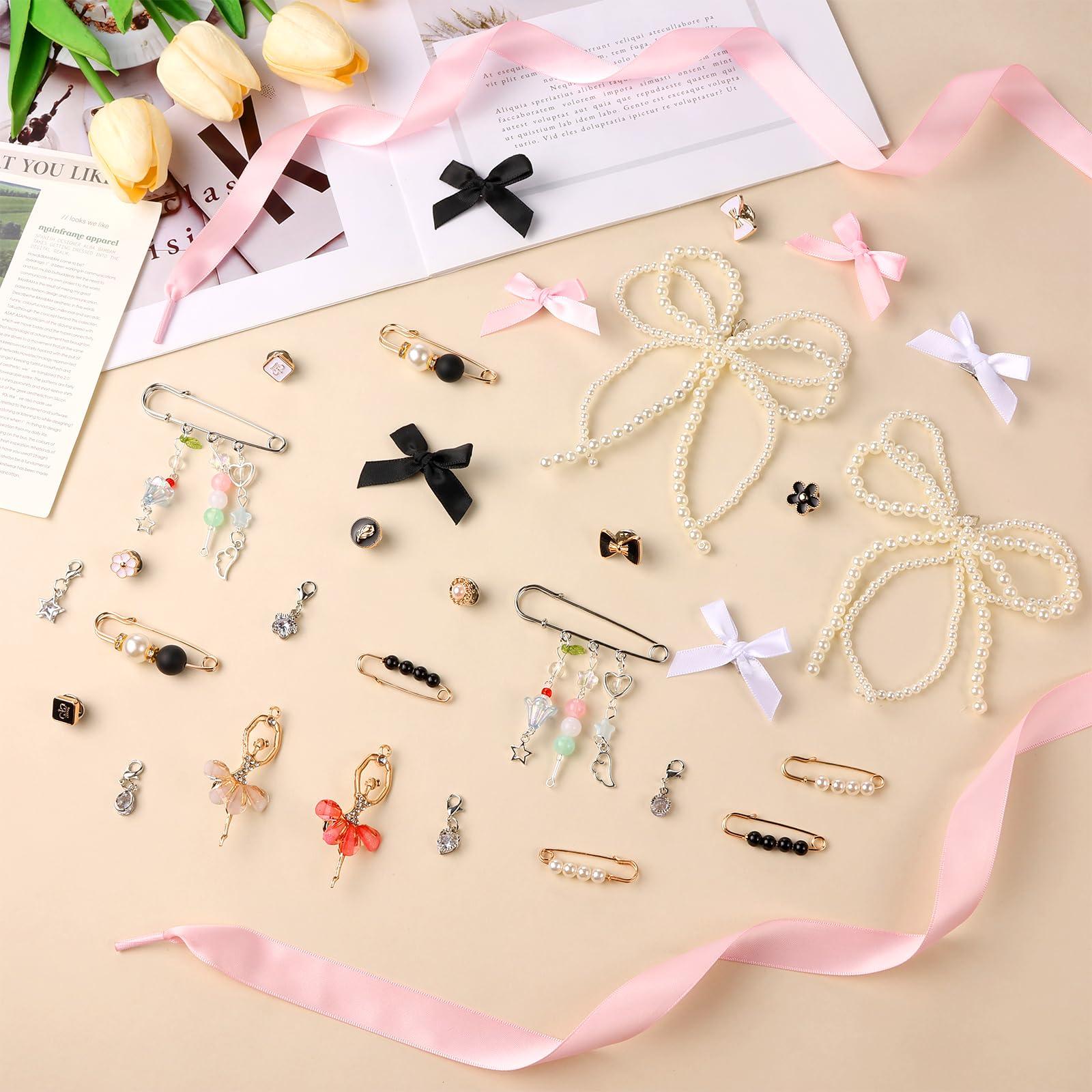 MJOGGOTT 34 Pcs Shoe Charms for Sneakers, Junk Socks Charms, DIY Shoe Lace Charm for Women with Ribbon Lace Shoelaces Contain Bows/Clips/Pins/Jewelry/Pearls Shoe Charm for Clothes, Hats Decoratin - Image 4
