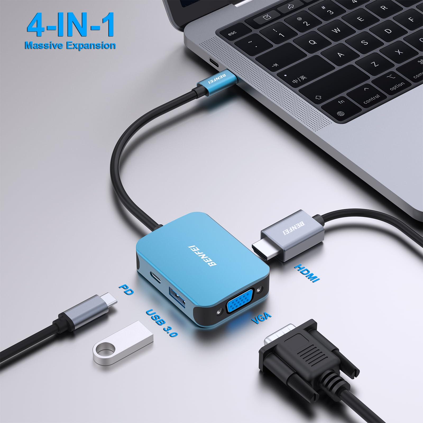 BENFEI USB C HUB 4-in-1, USB Type-C to HDMI VGA Adapter, USB C to USB Adapter, USB Type-C Power Delivery, Compatible with iPhone 15 Pro/Max, MacBook Pro/Air 2023, iPad Pro, iMac, S23, XPS 17 - Image 2