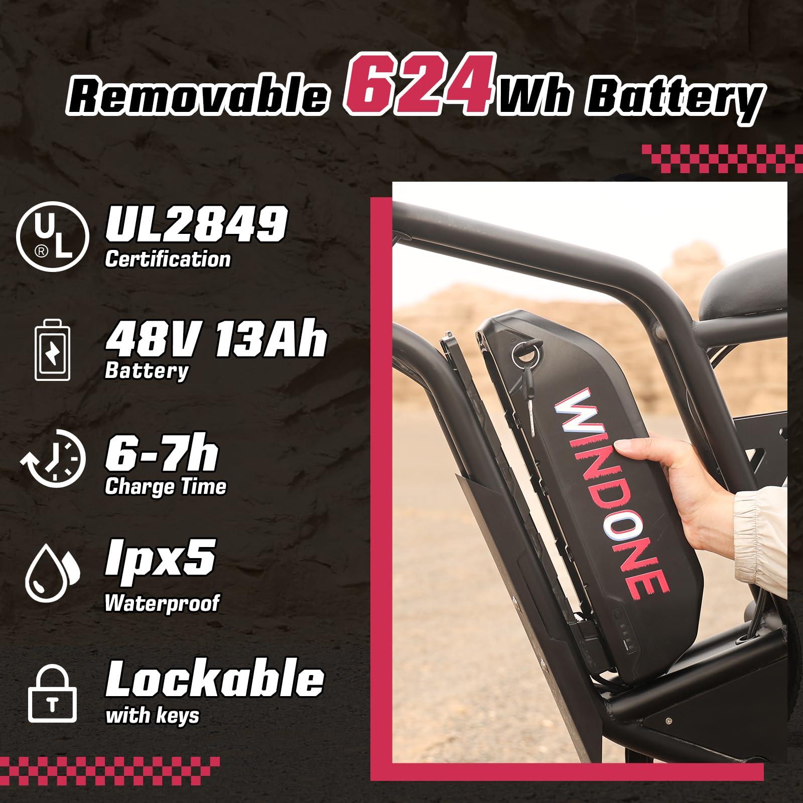 Windone E2/K20 Electric Bike for Adults, 48V 13Ah/15Ah Battery, Up to 28 MPH & 46.6/60 Miles (PAS), 750/1000W Peak Ebike with All-Terrain 20"/26'' Fat Tires, UL Certified, Moped E-Bike - Image 4