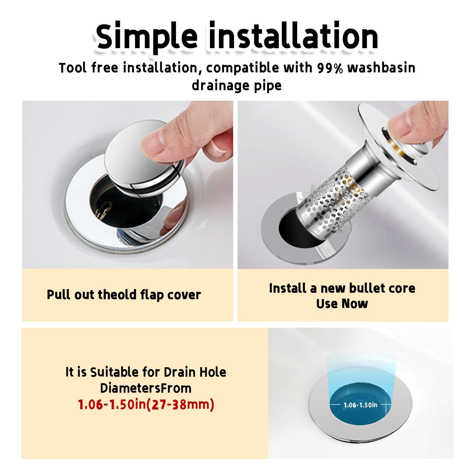 TONGDWOU 2Pack Bathroom Sink Stopper 1.06"-1.50", Universal Bathroom Sink Drain Pop Up Stopper for US Bathroom Sink Stainless Steel Floor Drain Filter, U.S. Standard Universal Drain Filter (Silver) - Image 7