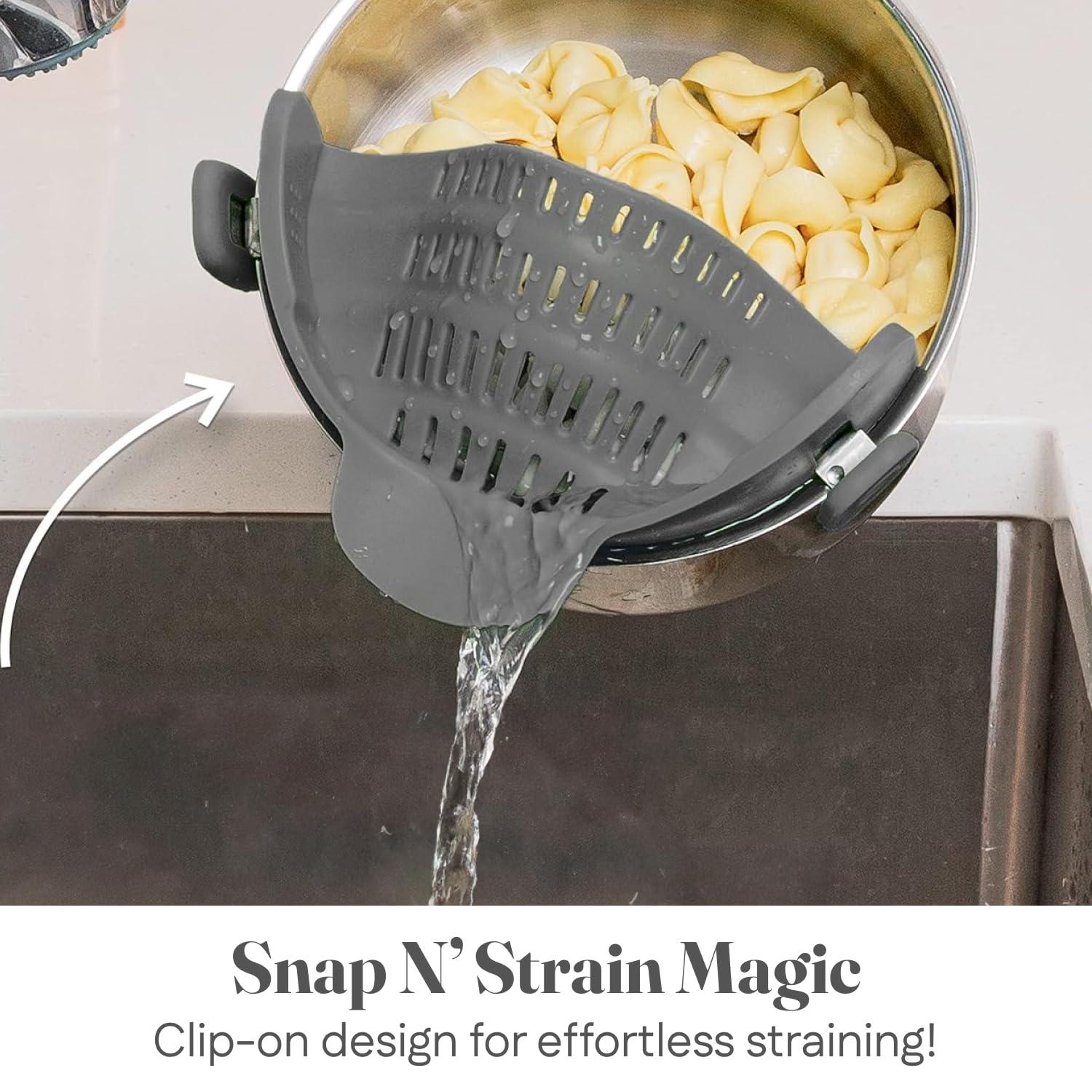Snap N' Strain Clip-On Pasta Strainer by Kitchen Gizmo - Silicone Colander for Pots and Pans - Heat Resistant Kitchen Essential - Cooking Gadgets for Home - Compact Design - Grey - Image 4