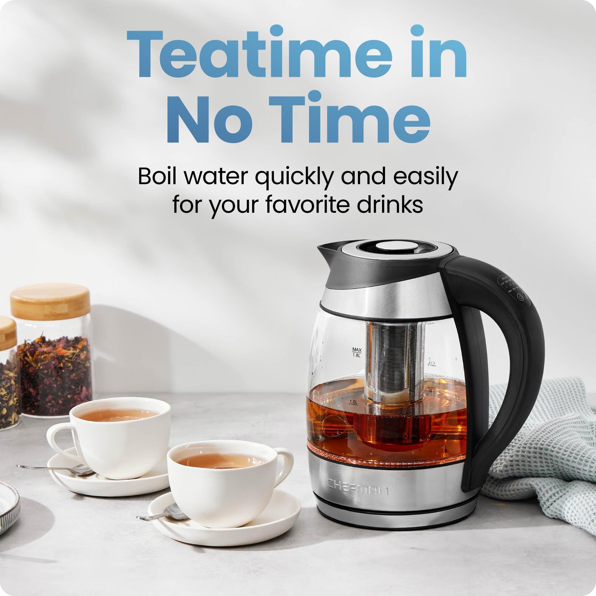 Chefman Electric Kettle with Temperature Control, 5 Presets LED Indicator Lights, Removable Tea Infuser, Glass Tea Kettle & Hot Water Boiler, 360° Swivel Base, BPA Free, Stainless Steel, 1.8 Liters - Image 3