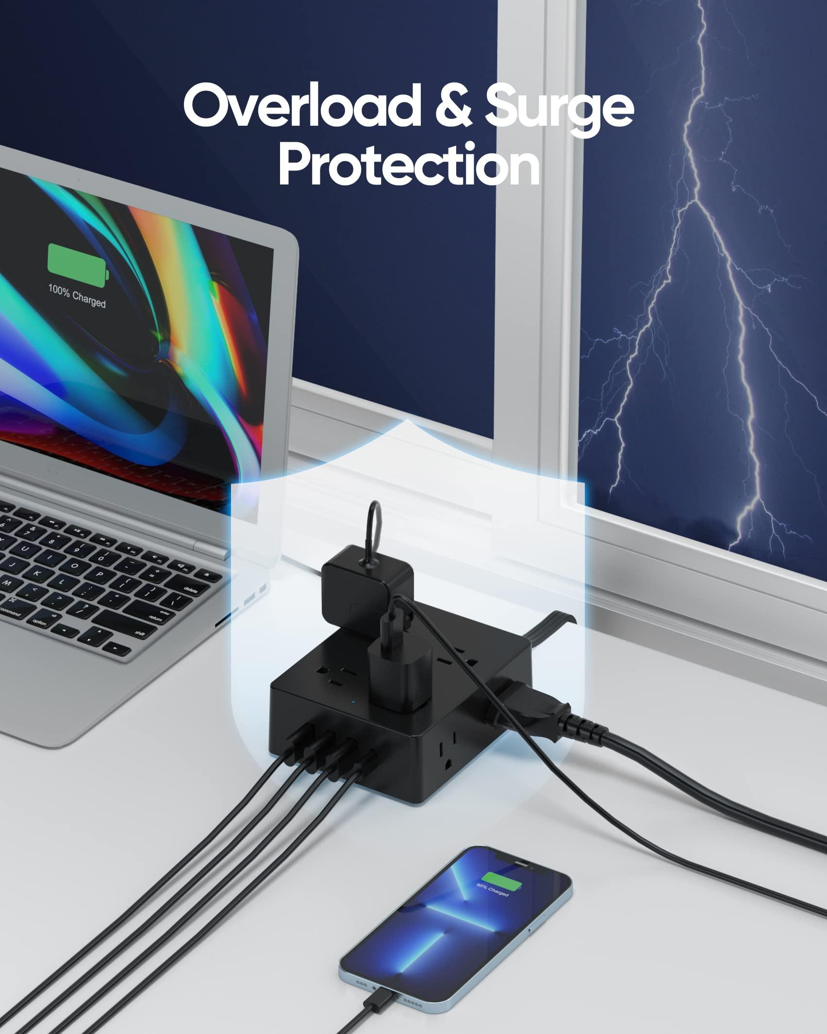 Surge Protector Power Strip, Olcorife 15ft Long Extension Cord with 8 Outlets 4 USB Ports(1 USB C), Flat Wall Plug Outlet Extender, College Dorm Room Essentials, Black - Image 4